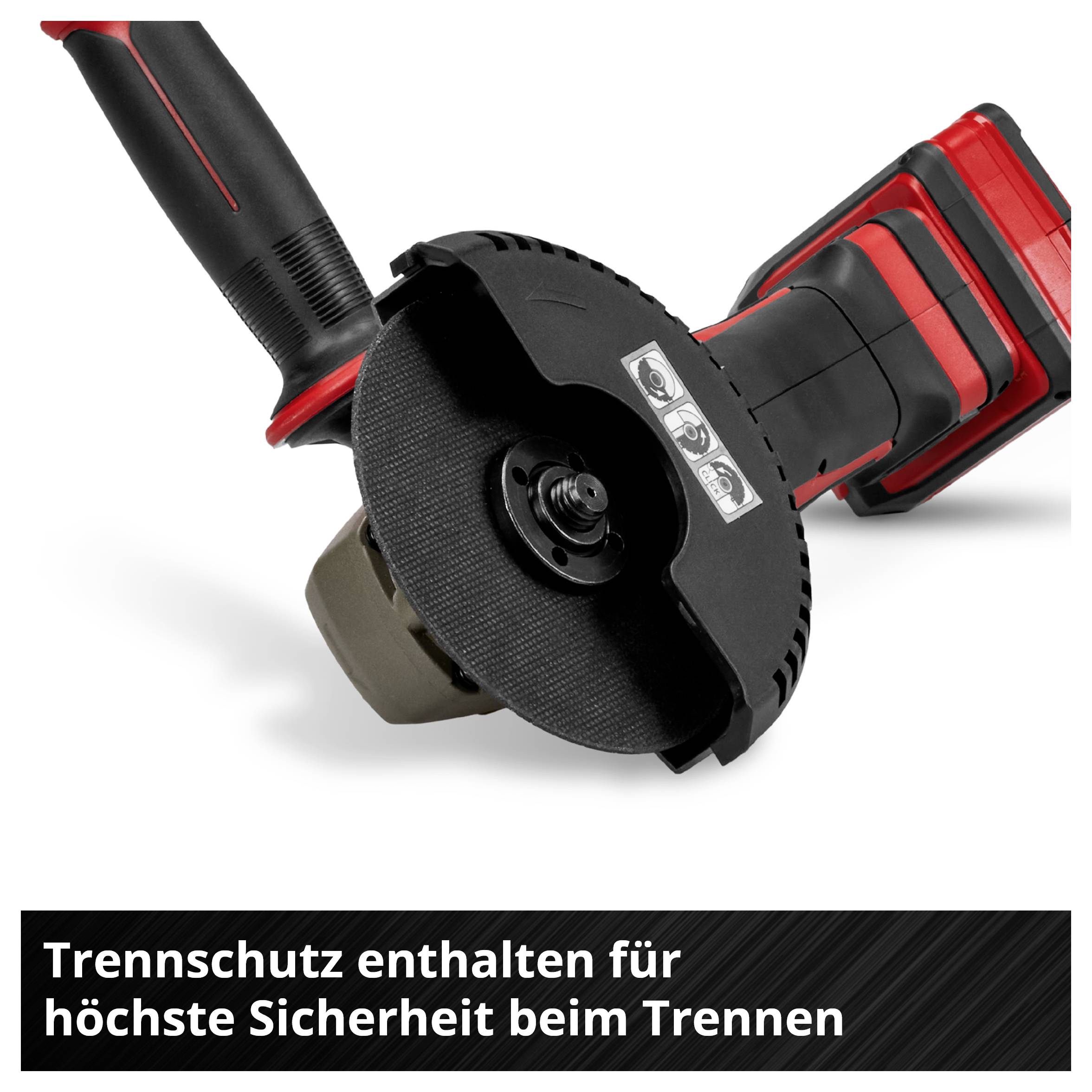 Eine Winkelschleifer mit angebrachtem Trennschutz. Text: 'Trennschutz enthalten für höchste Sicherheit beim Trennen'.