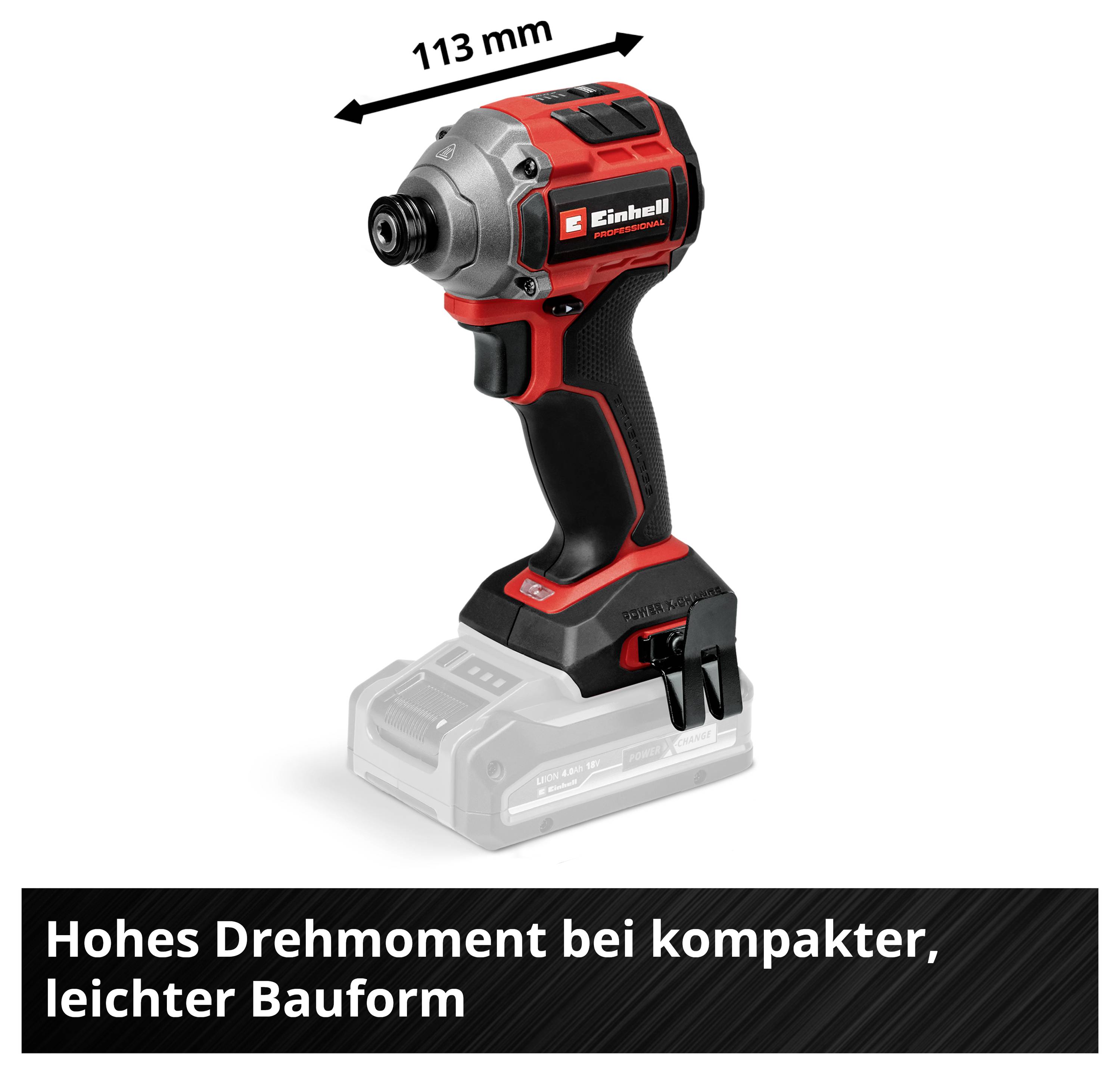 Akkuschlagschrauber mit hohem Drehmoment, kompakter und leichter Bauweise. Länge: 113 mm.