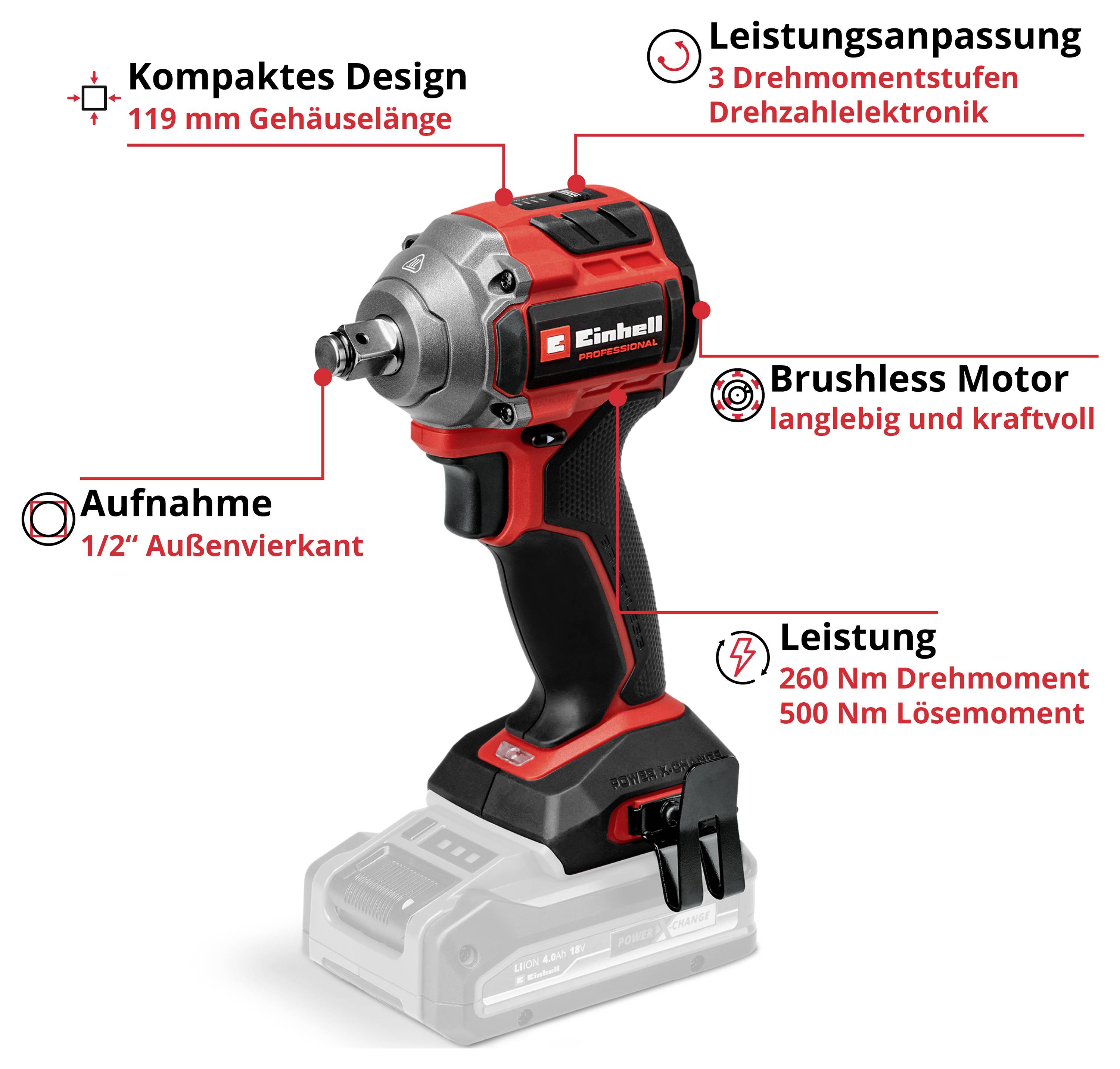 Ein roter Akkuschlagschrauber mit 'Kompaktes Design', 'Leistungsanpassung', 'Brushless Motor', 'Aufnahme' und 'Leistung' als Hauptmerkmale.