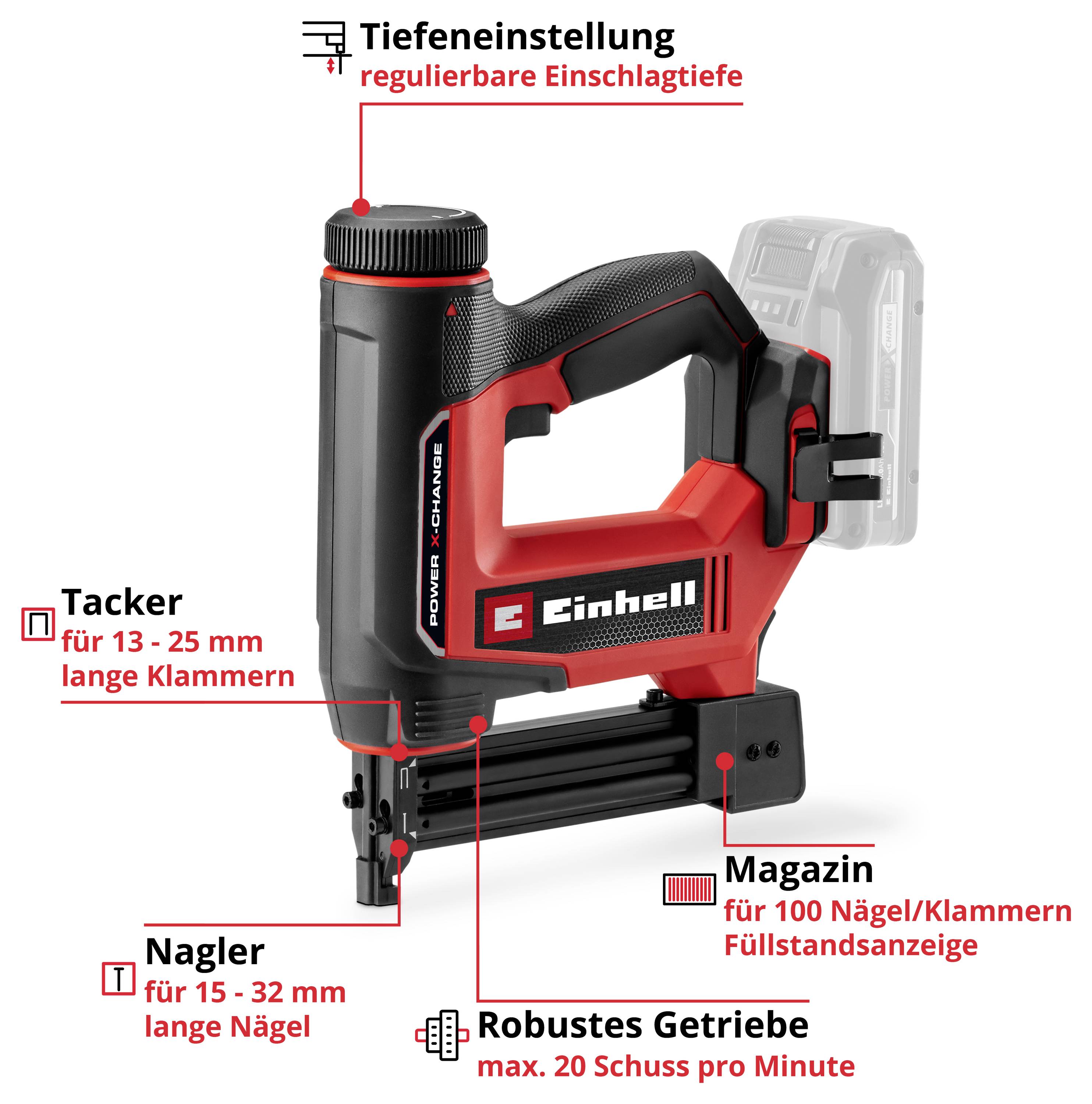 Akkubetriebener Tacker/Nagler von Einhell, mit Magazin für 100 Nägel/Klammern, Tiefeneinstellung und robustem Getriebe.