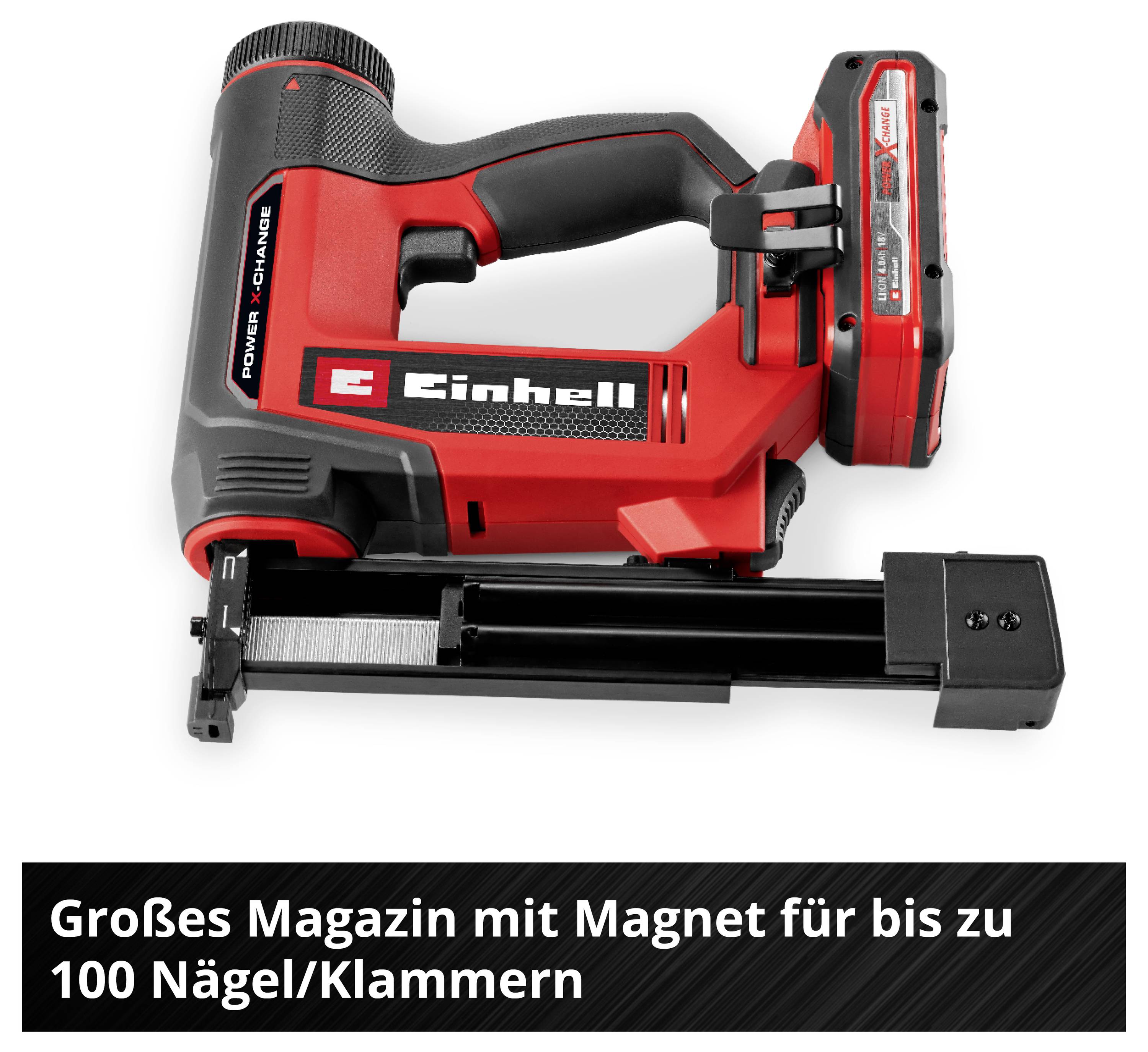 Einhell Nagelpistole in Rot und Schwarz. Text im Bild: 'Großes Magazin mit Magnet für bis zu 100 Nägel/Klammern'.