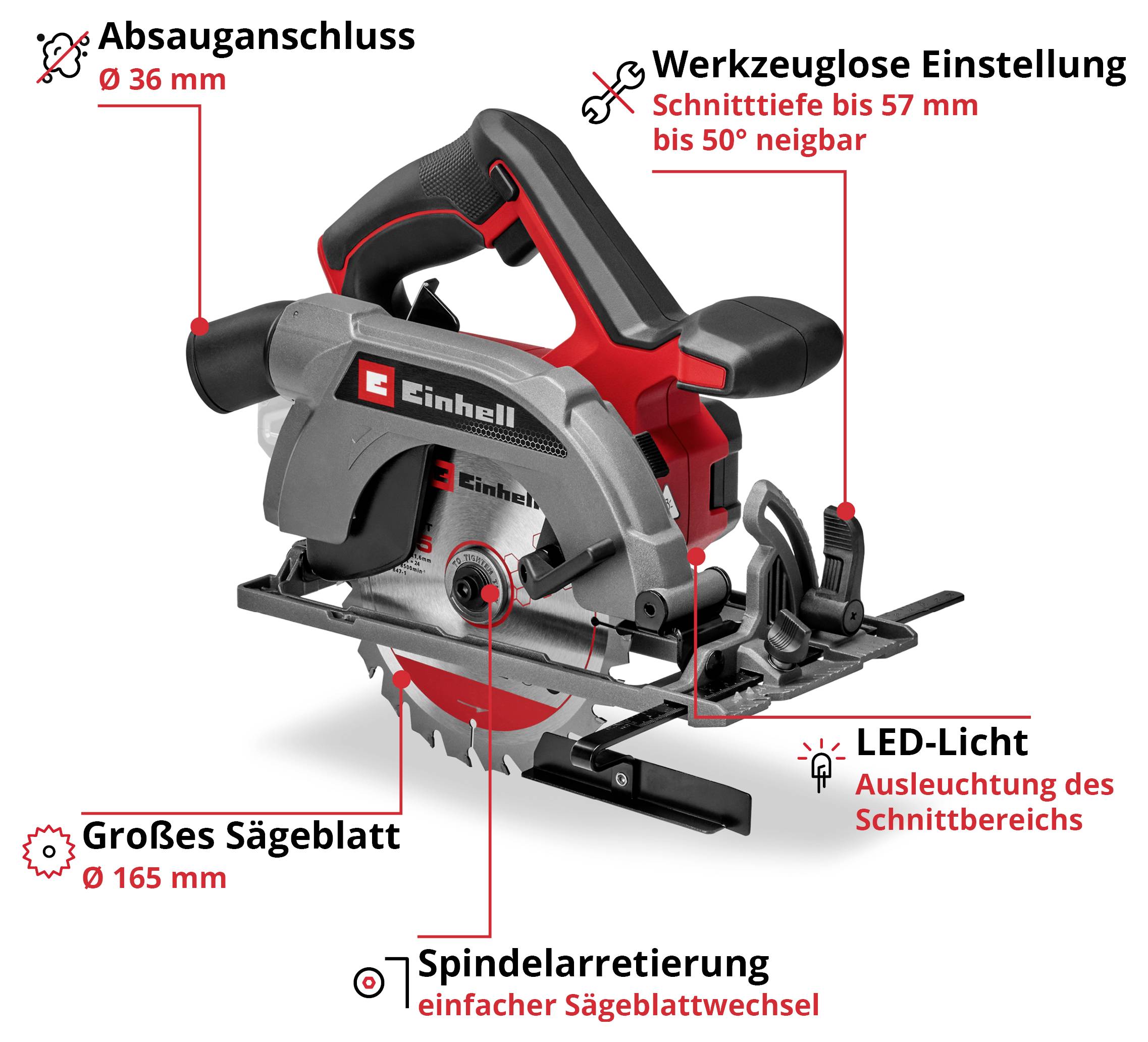Bild einer Handkreissäge. Wichtige Merkmale: großer Sägeblattdurchmesser, einstellbarer Schnittwinkel, LED-Licht zur Schnittbereichsbeleuchtung.