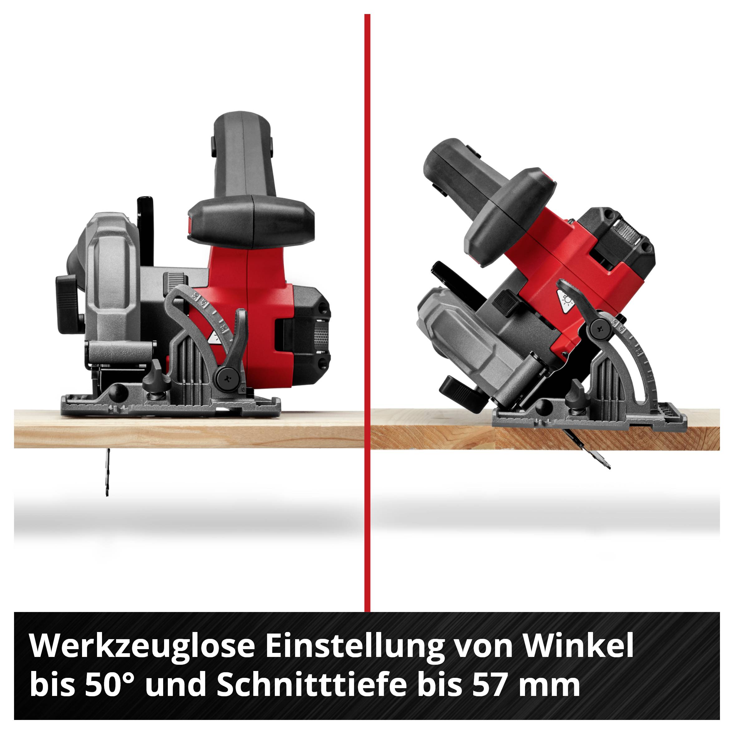 'Werkzeuglose Einstellung von Winkel bis 50° und Schnitttiefe bis 57 mm' mit zwei Abbildungen einer Kappsäge in verschiedenen Positionen.