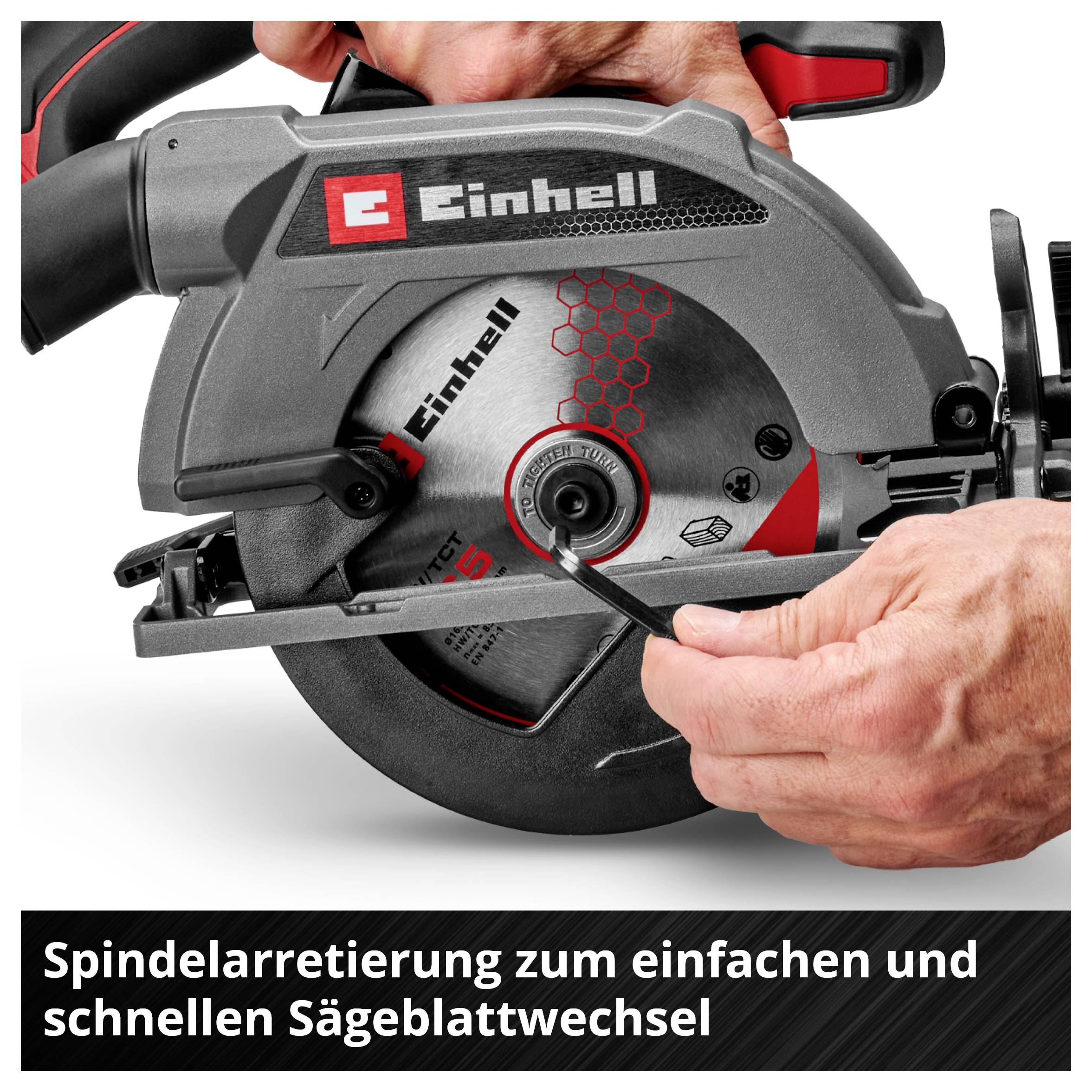 Die Abbildung zeigt eine Handkreissäge von Einhell mit einer Funktion zur Spindelarretierung für schnellen und einfachen Sägeblattwechsel.