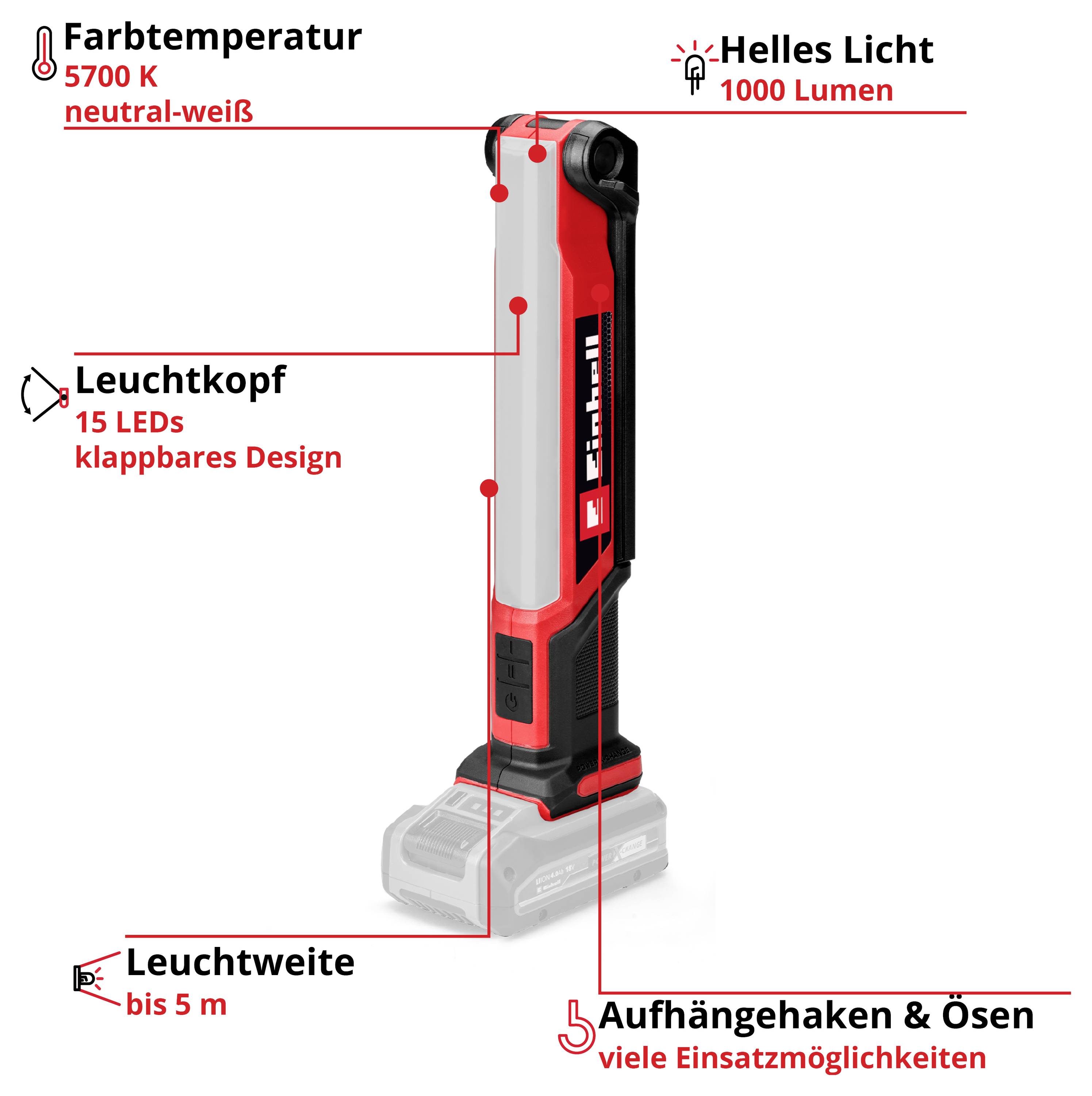 Akku-Leuchte mit 15 LEDs, 5700K neutral-weiß, 1000 Lumen. Leuchtweite bis 5m, klappbares Design, Aufhängehaken und Ösen.