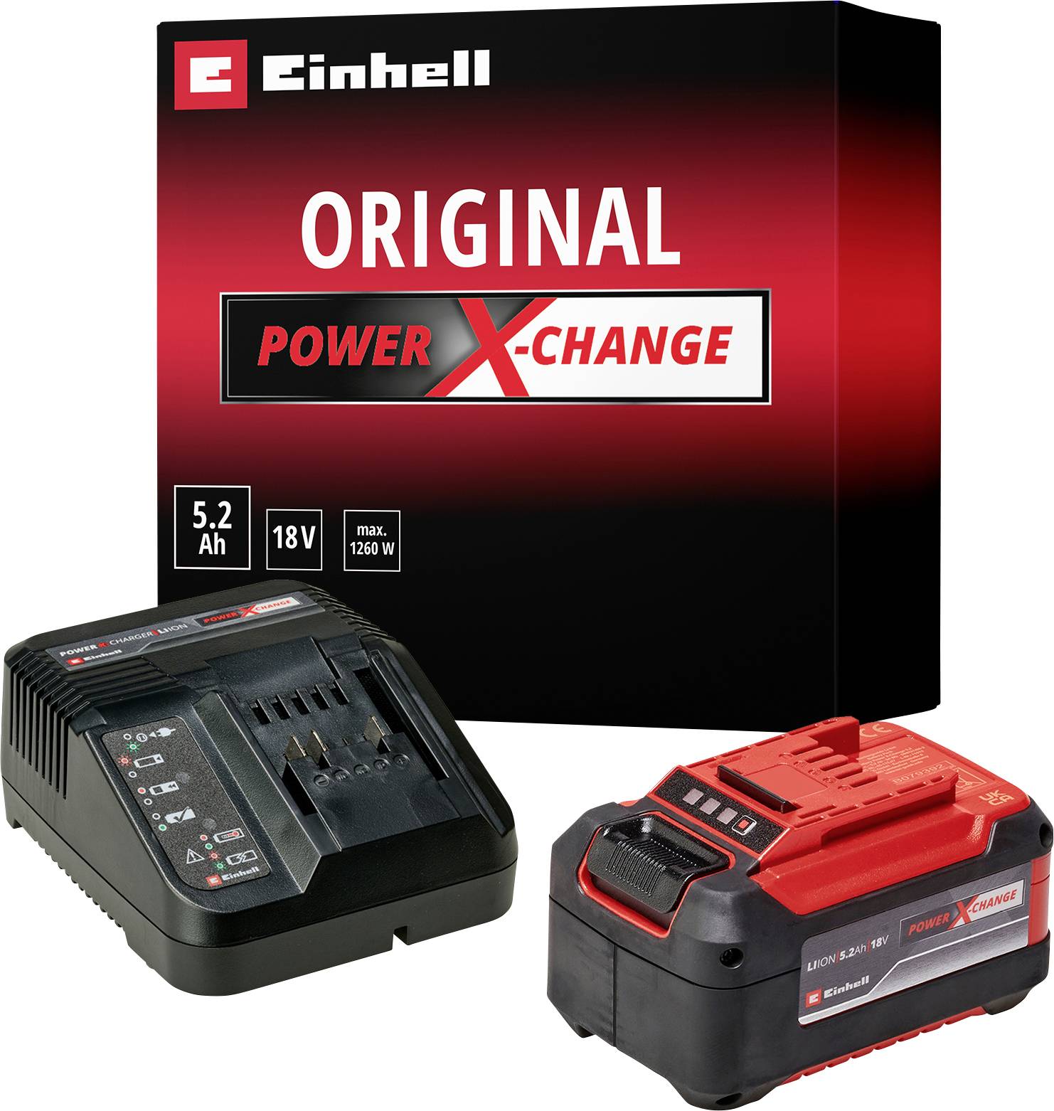 Einhell Power X-Change Akkuset; beinhaltet ein Ladegerät und eine rot/schwarze Batterie, kompatibel mit 18V-Werkzeugen, zusammen mit der Werksverpackung dargestellt.