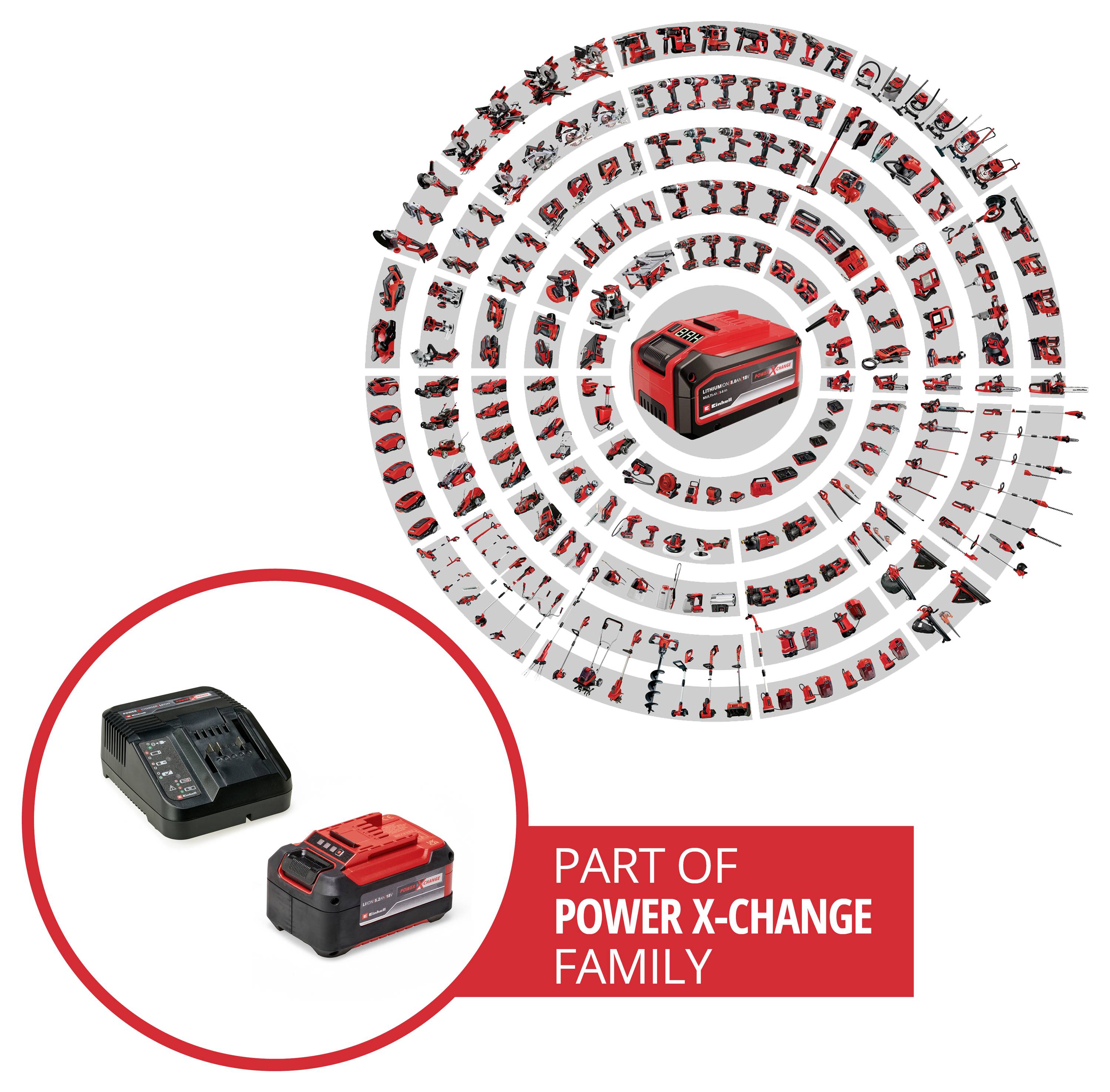 Die 'Power X-Change' Batterie und das Ladegerät werden dargestellt, mit konzentrischen Kreisen, die verschiedene kompatible Werkzeuge zeigen. Text: 'Teil der Power X-Change Familie.'