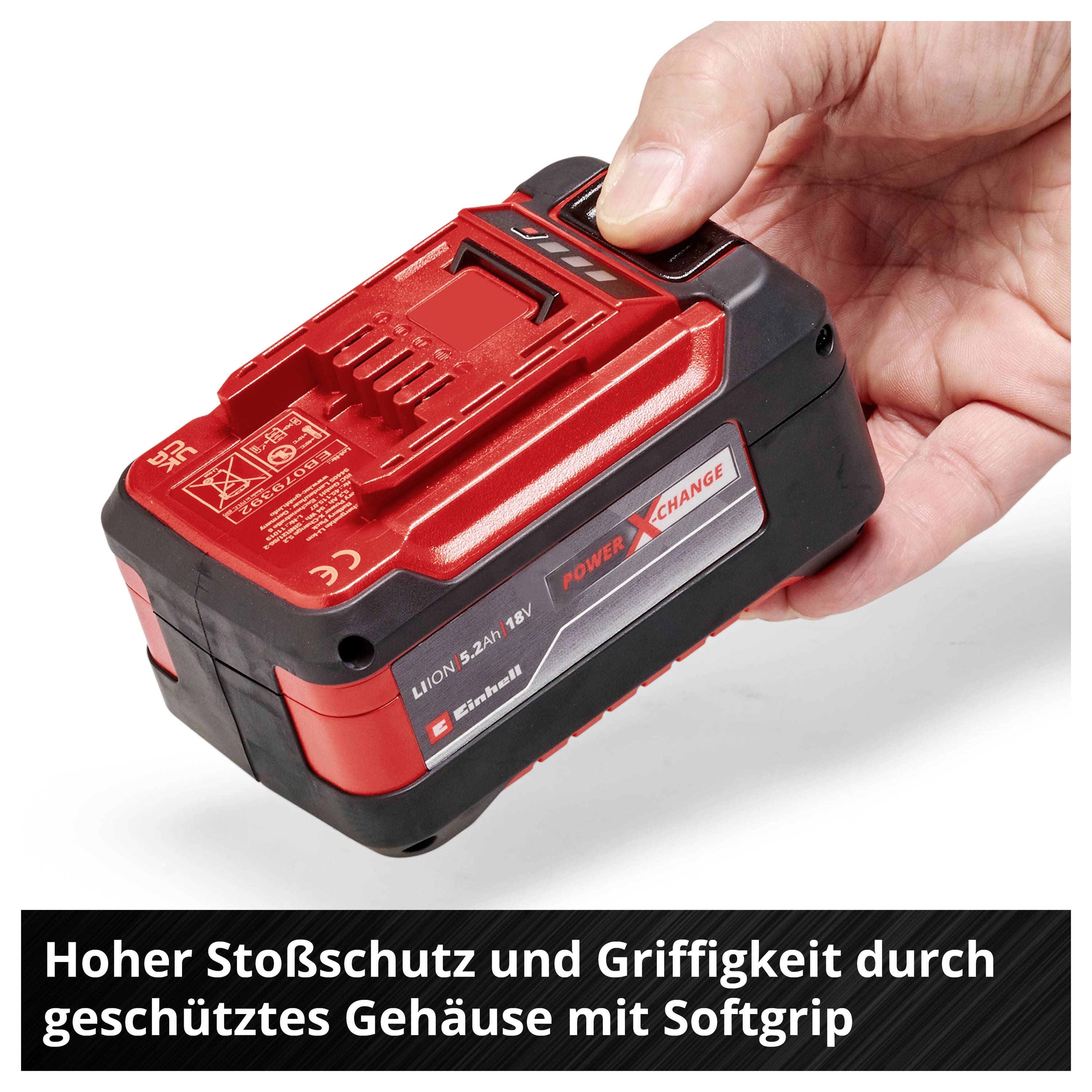 Akku mit rotem Gehäuse, markiert mit 'Power X-Change'. Text: 'Hoher Stoßschutz und Griffigkeit durch geschütztes Gehäuse mit Softgrip'.