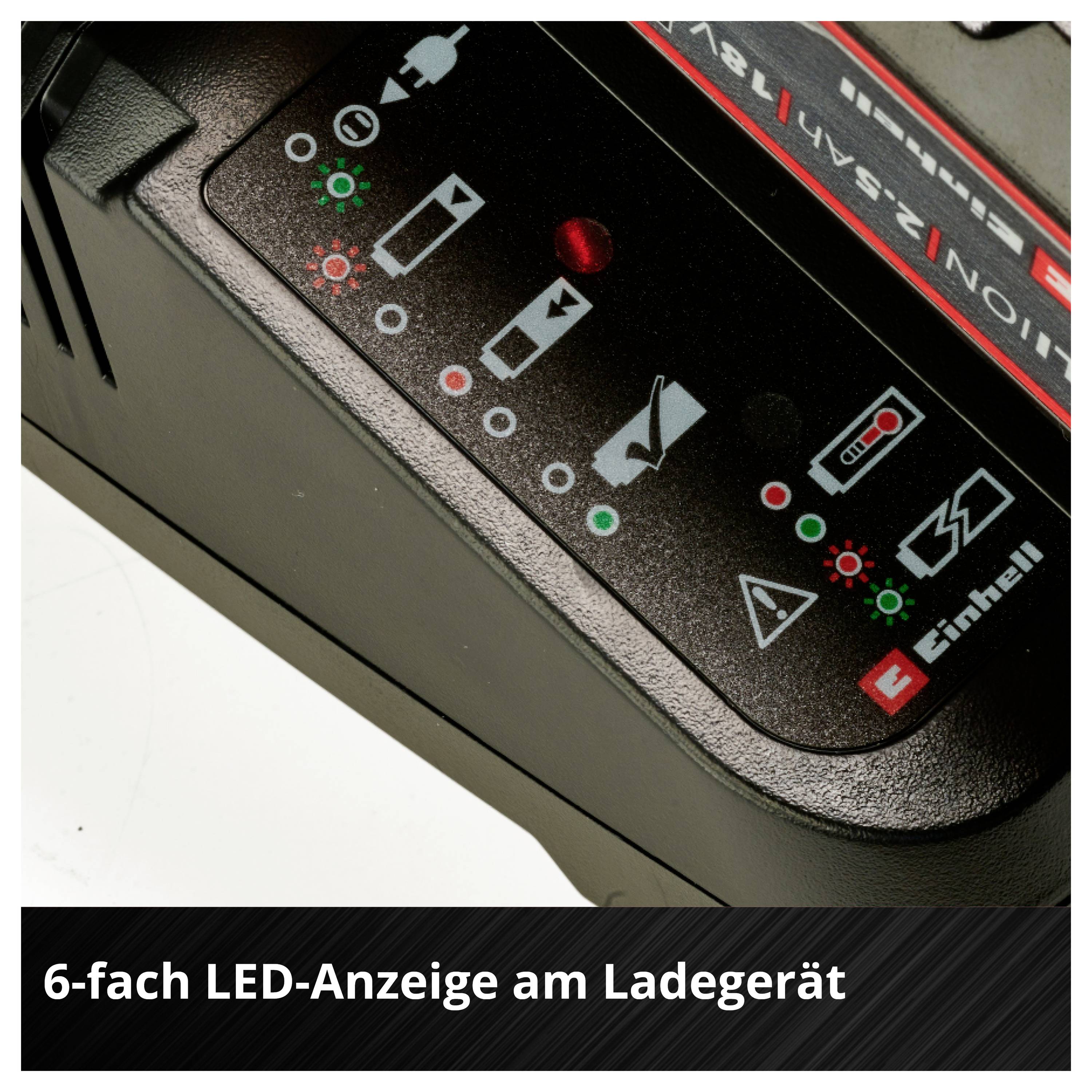 Einhell Ladegerät mit 6-fach LED-Anzeige zur Statusanzeige: voll, leer, Ladestatus und Warnleuchten.