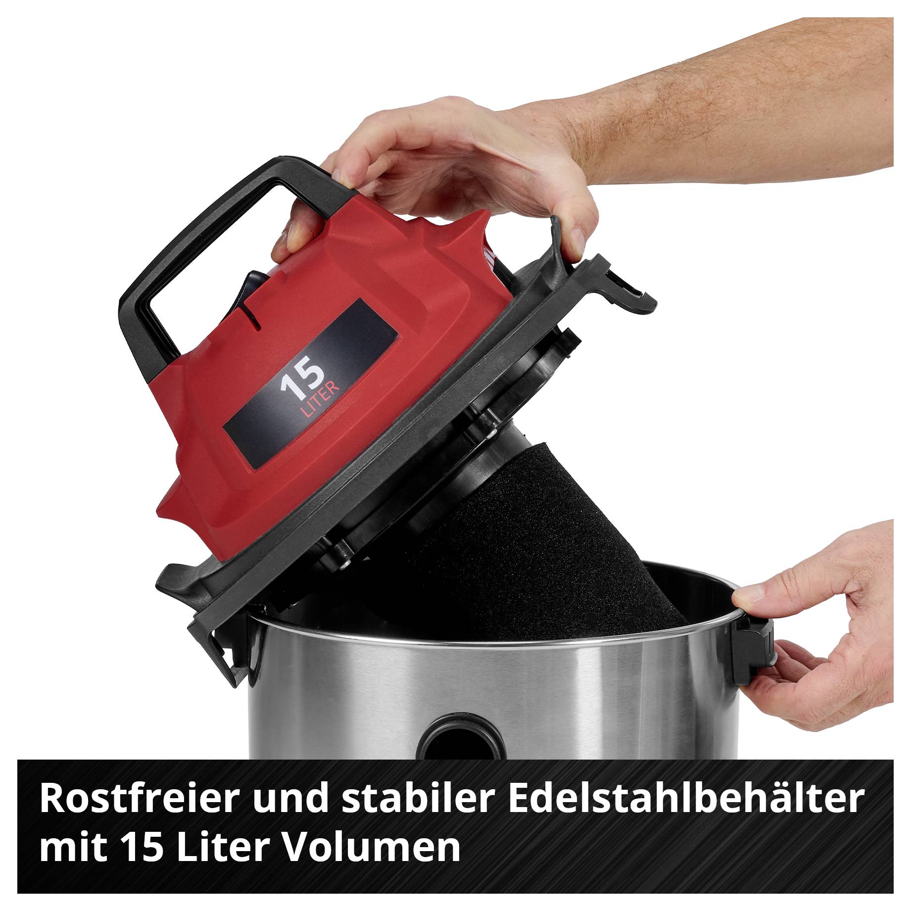 Rostfreier und stabiler Edelstahlbehälter mit 15 Liter Volumen. Eine Person öffnet den Deckel des Behälters und zeigt das Innere.