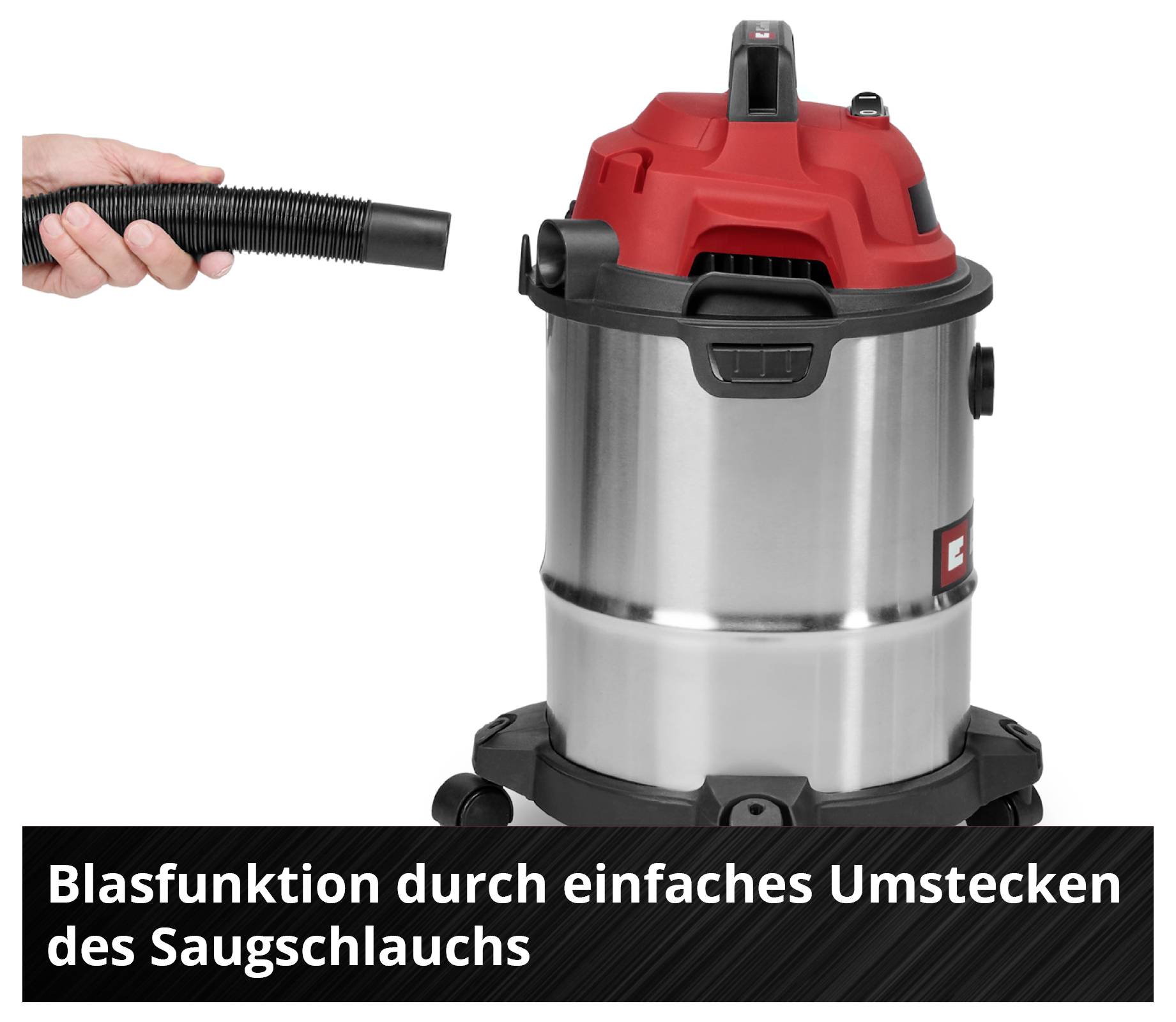 Staubsauger mit rot-schwarzem Design. Hand hält Saugschlauch. Text: Blasfunktion durch einfaches Umstecken des Saugschlauchs.