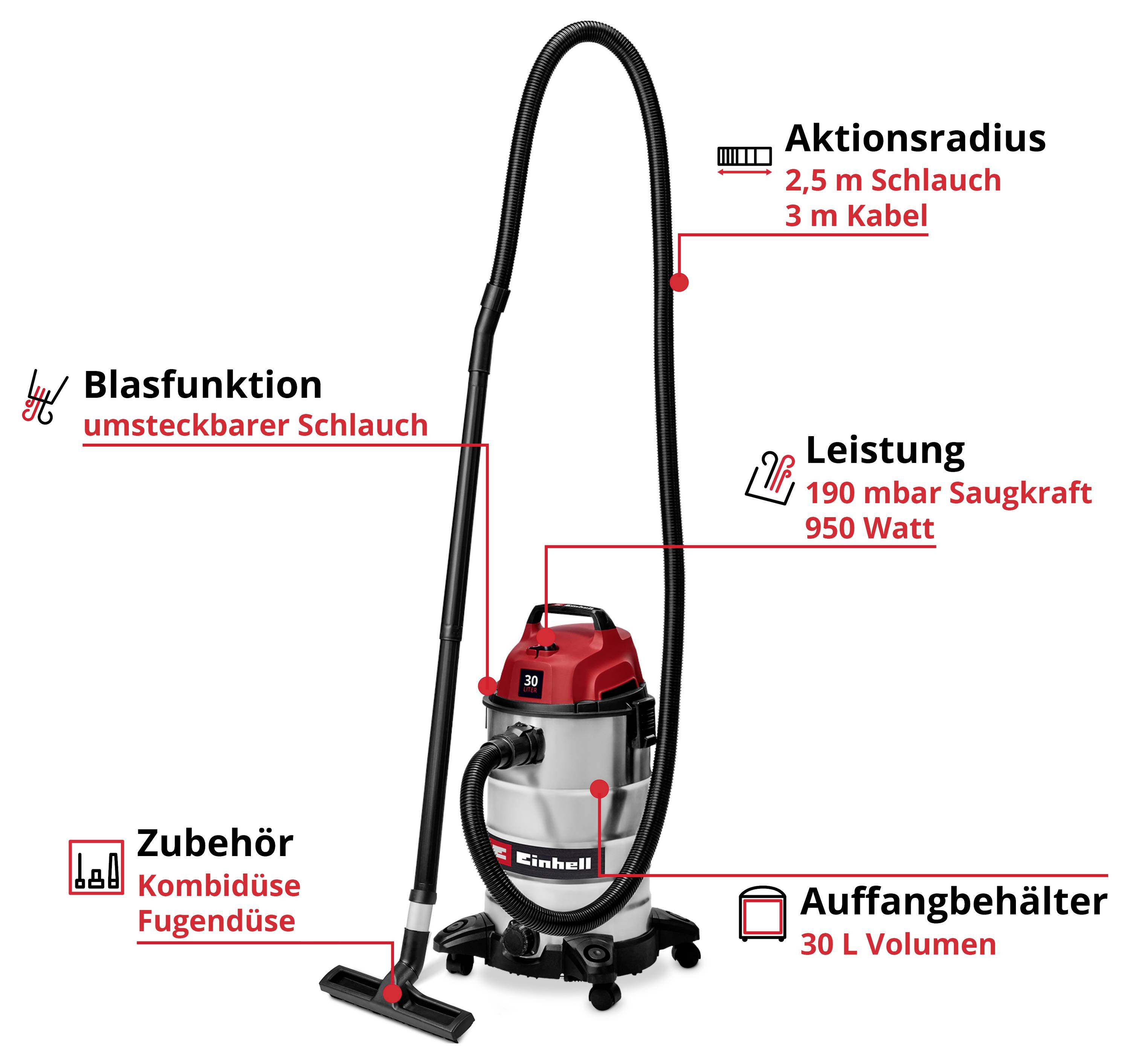Einhell Staubsauger mit Blasfunktion, Aktionsradius 2,5 m Schlauch + 3 m Kabel, Leistung 190 mbar Saugkraft, 950 Watt, 30 L Behälter.