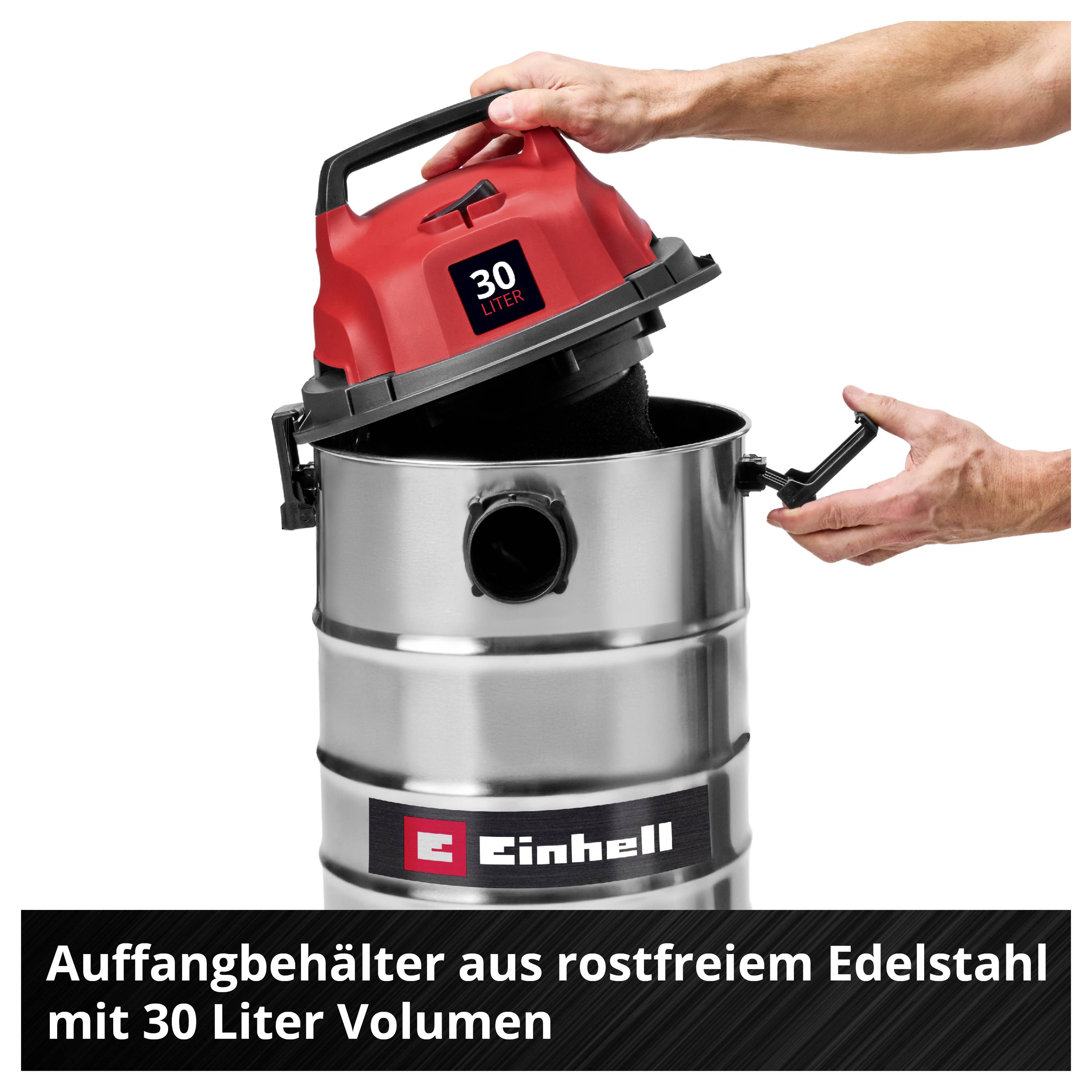 'Einhell' Staubsauger mit Edelstahlbehälter, 30 Liter Kapazität, eine Hand hält den roten Deckel mit Motor.