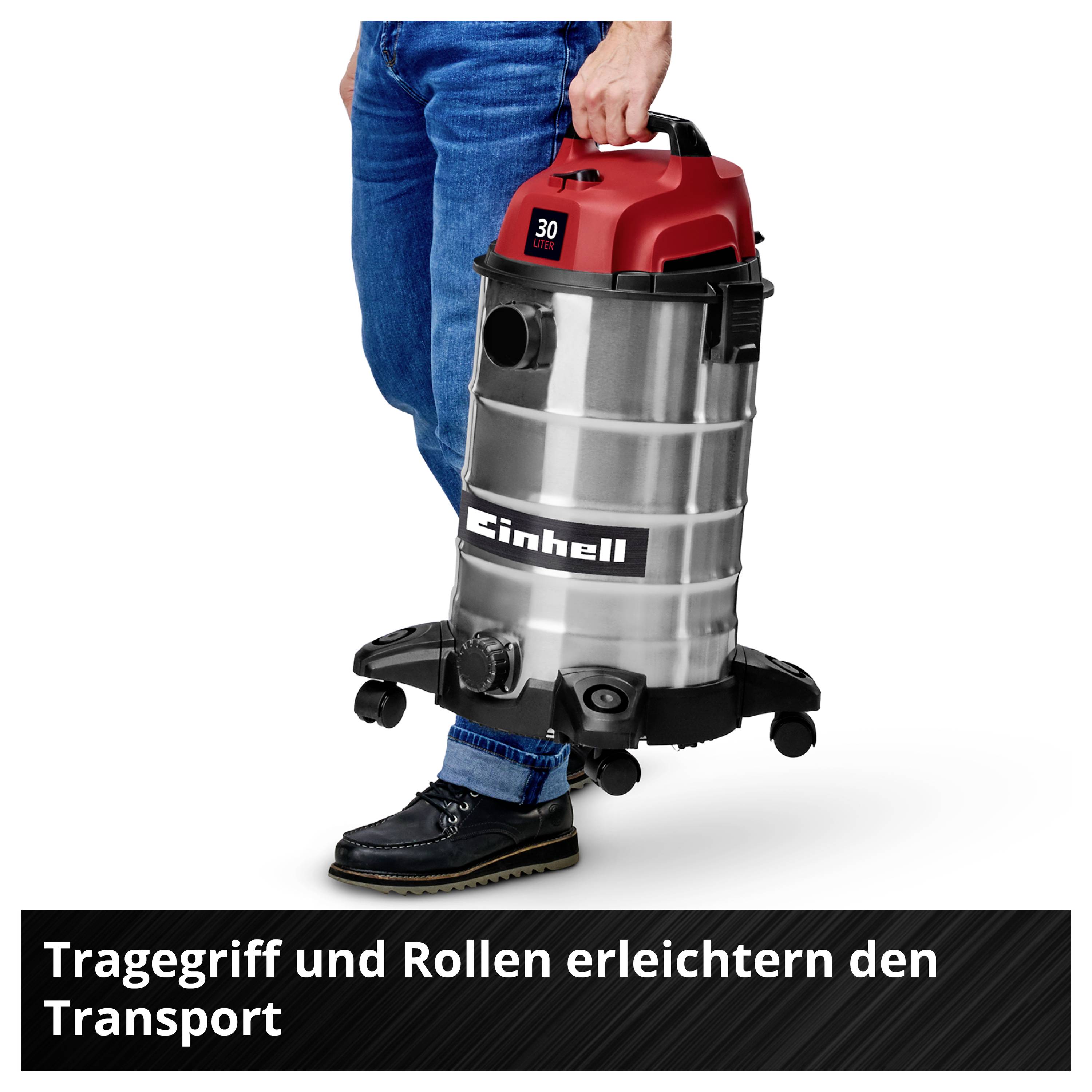 Mann hält Industriestaubsauger mit Tragegriff und Rollen. Textkasten unten: Tragegriff und Rollen erleichtern den Transport.