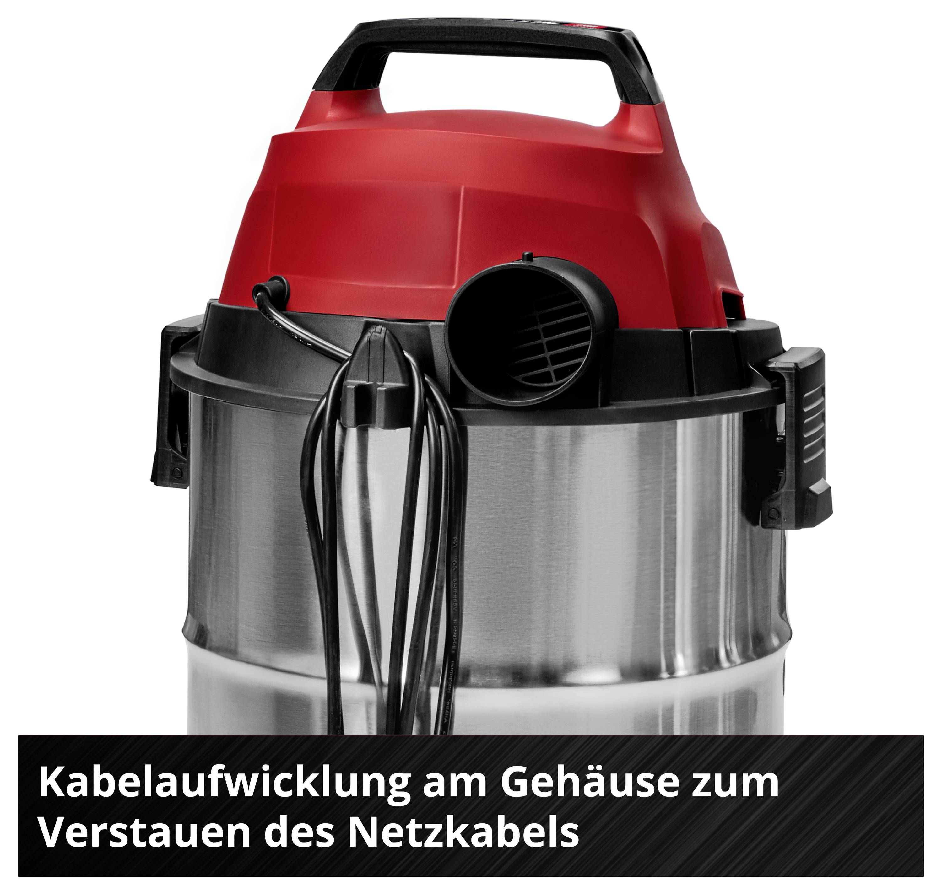 Ein roter und silberner Staubsauger mit Kabelaufwicklung am Gehäuse zur Aufbewahrung des Netzkabels.