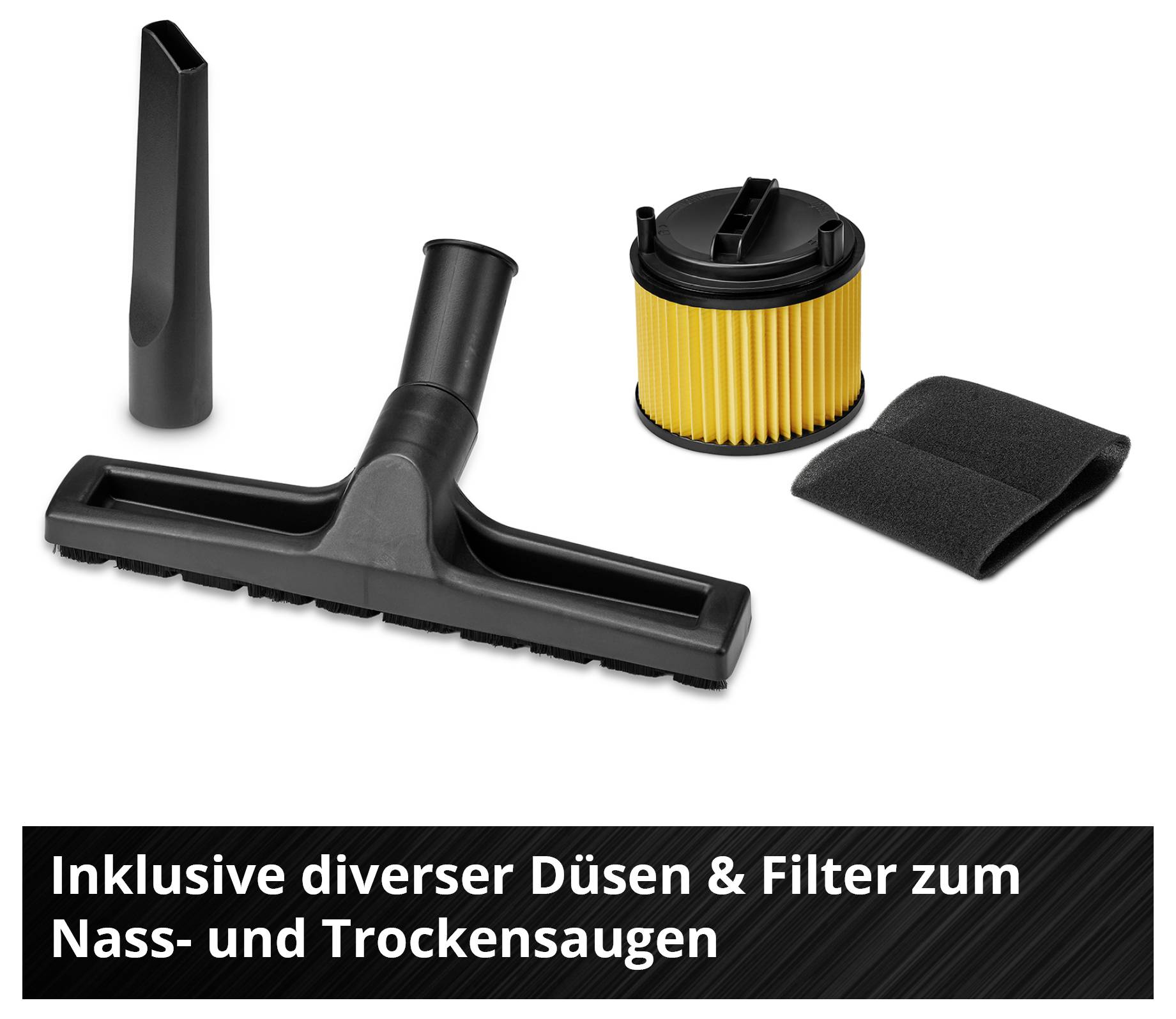 Verschiedene Düsen und Filter für Nass- und Trockensaugen, darunter eine Bodendüse, Fugendüse, Faltenfilter und zwei Schwammfilter.