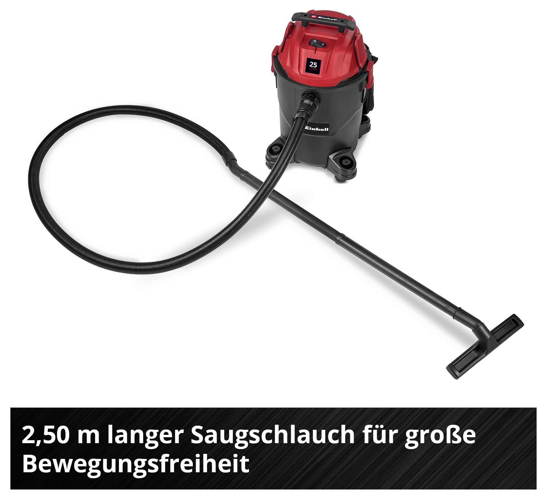 Nass-Trockensauger mit rotem Korpus. Text im Bild: '2,50 m langer Saugschlauch für große Bewegungsfreiheit'.