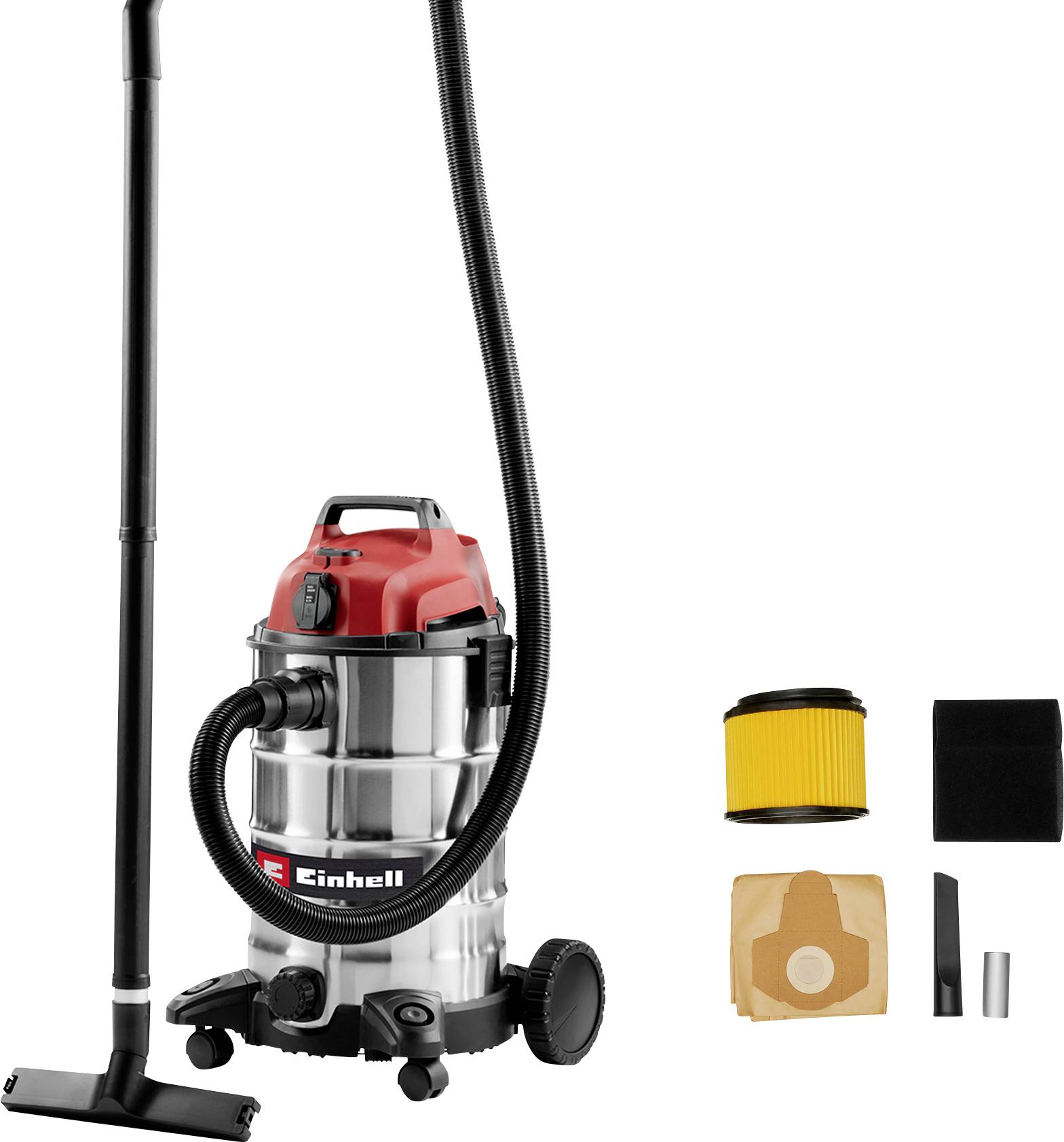 Ein Edelstahl-Nass-Trockensauger mit rotem Deckel von Einhell, dargestellt mit Schlauch, Filter und Zubehör auf weißem Hintergrund.