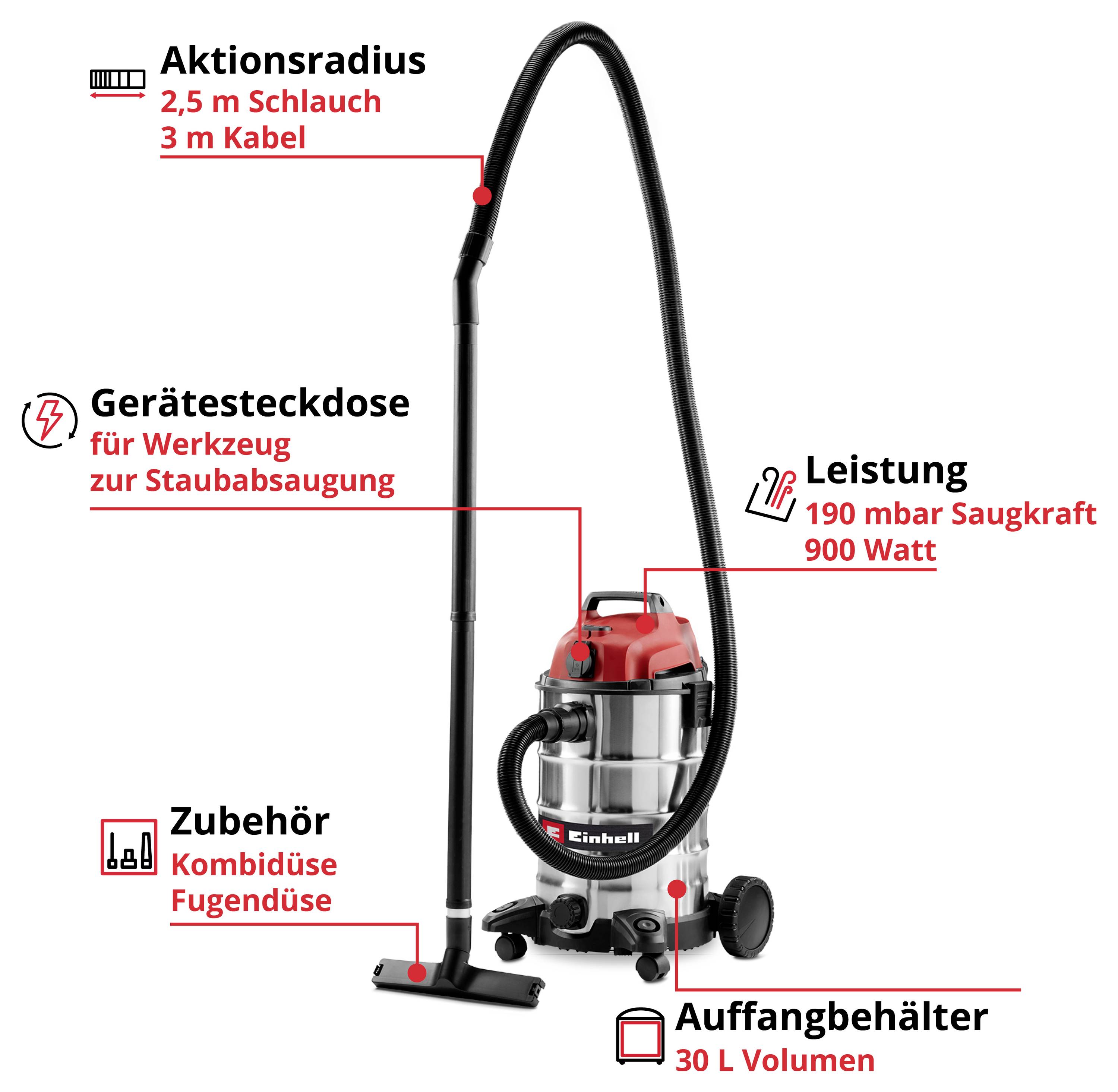 Staubsauger mit 2,5 m Schlauch und 3 m Kabel. Enthält Gerätesteckdose, Fugendüse, 30 L Auffangvolumen, 190 mbar Saugleistung.