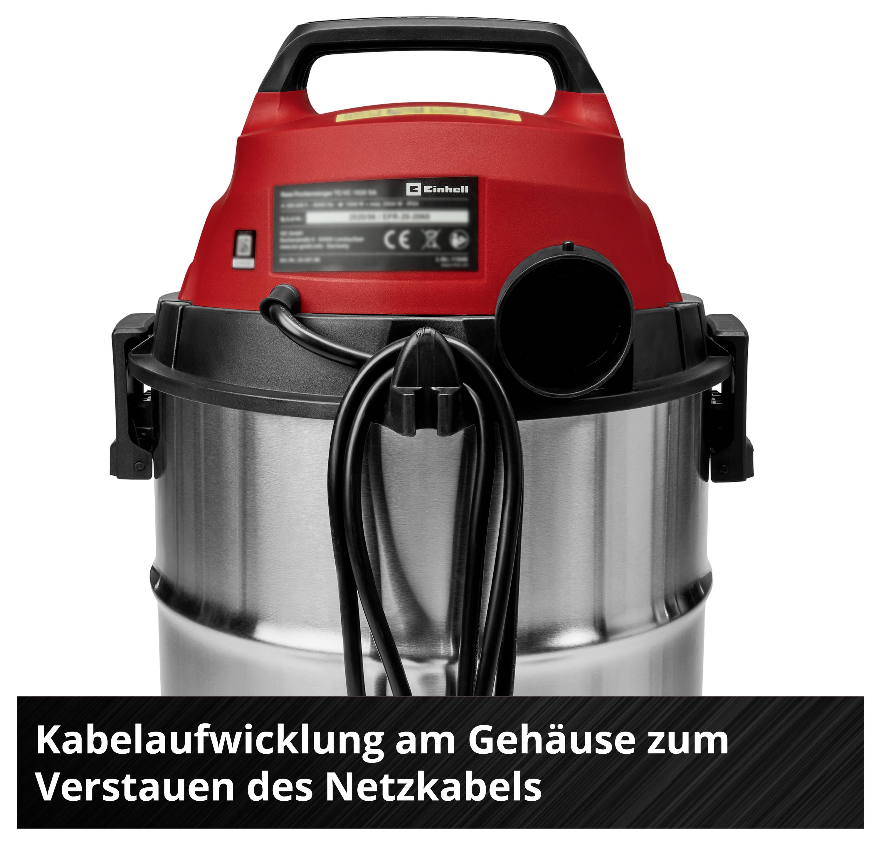 Industriestaubsauger mit rotem Oberteil, schwarzem Griff und Edelstahlbehälter. Text: 'Kabelaufwicklung am Gehäuse zum Verstauen des Netzkabels'.