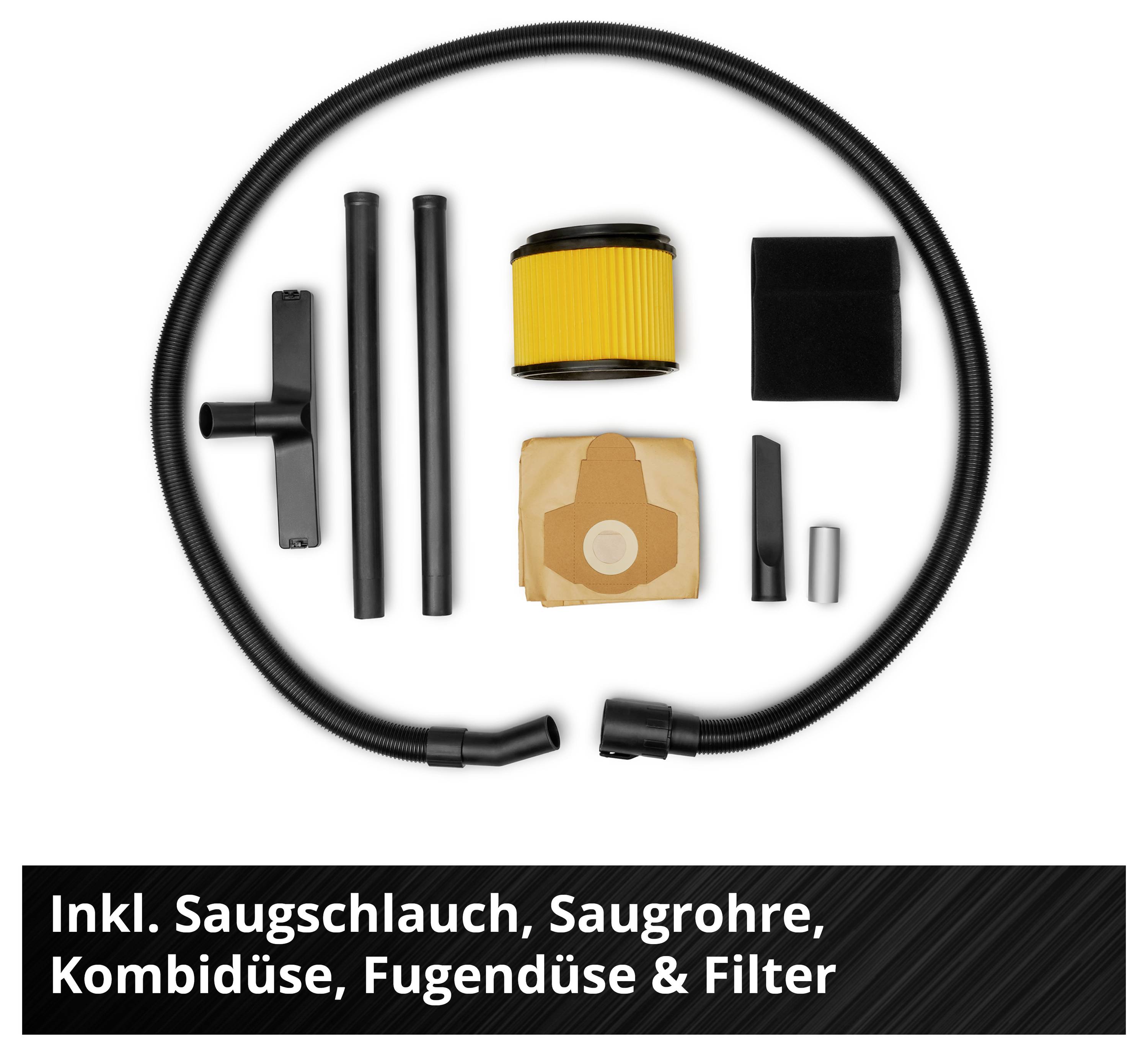 Staubsaugerzubehör: Saugschlauch, Saugrohre, Kombidüse, Fugendüse, Filter und Beutel.