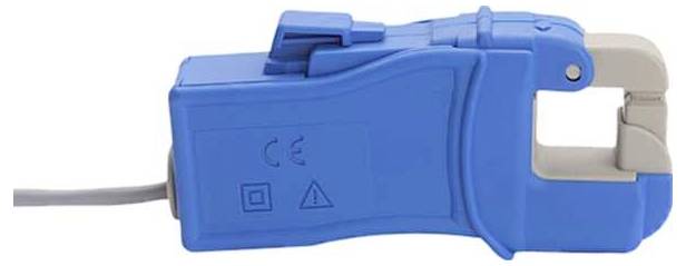 Blaues elektrisches Zangenamperemeter mit Kabel, verwendet zur Strommessung. CE-Kennzeichen und Warnhinweise sind seitlich sichtbar.