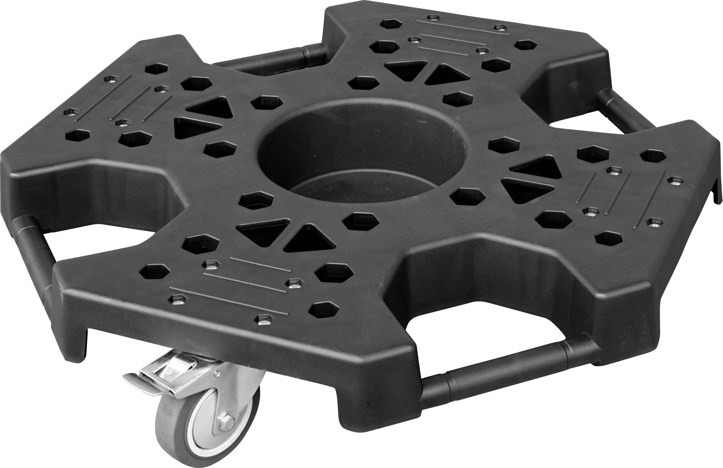 Ein schwarzer, rollengelagerter Transportwagen, der zum Transport schwerer Gegenstände konzipiert ist und ein robustes Gestell mit mehreren ausgeschnittenen Griffen und einer zentralen kreisförmigen Öffnung aufweist.