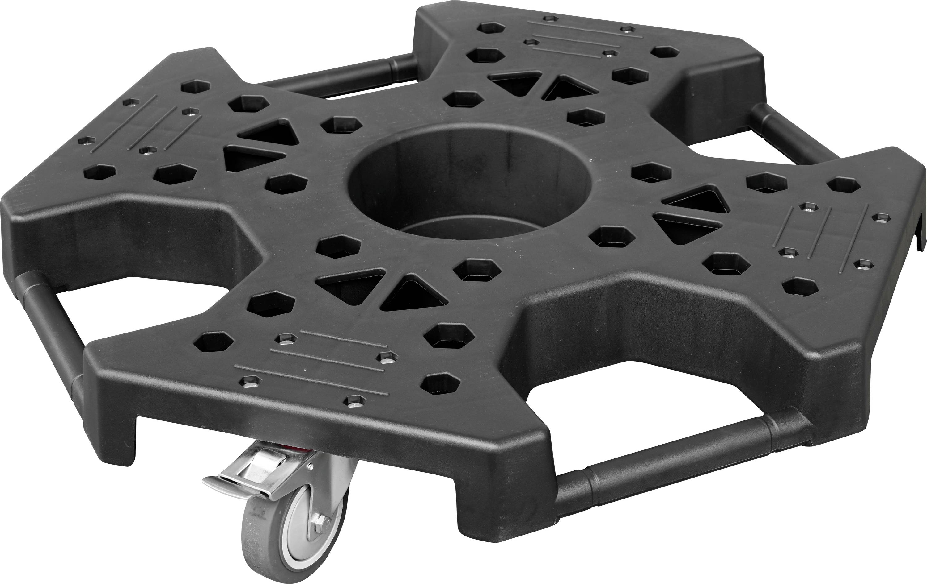 Eine schwarze Transportplatte mit quadratischem Rahmen, einem sichtbaren Rad und mehreren Löchern, die entwickelt wurde, um schwere Gegenstände leicht zu transportieren.