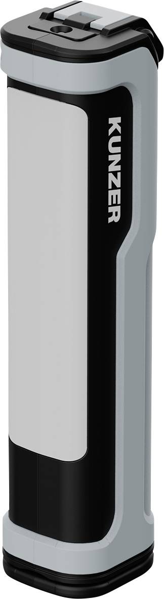 Eine vertikale, zylindrische tragbare LED-Arbeitsleuchte mit grauem Gehäuse, schwarzen Akzenten und dem Schriftzug 'KUNZER' an der Seite.