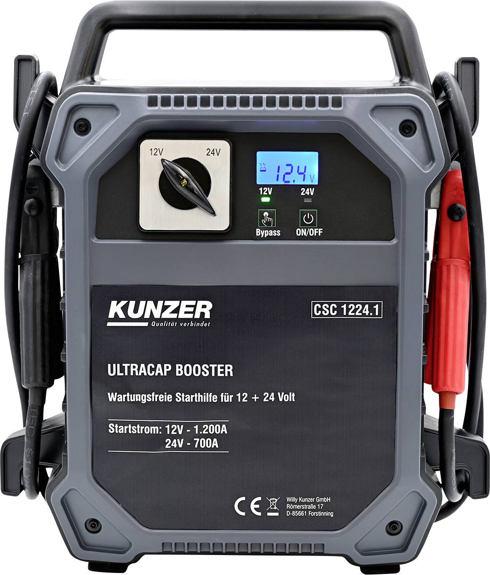 Ein tragbarer Kunzer Ultracap-Booster zum Starten von 12V- und 24V-Fahrzeugen, mit einer Anzeige von 12,4V auf dem kleinen Display.