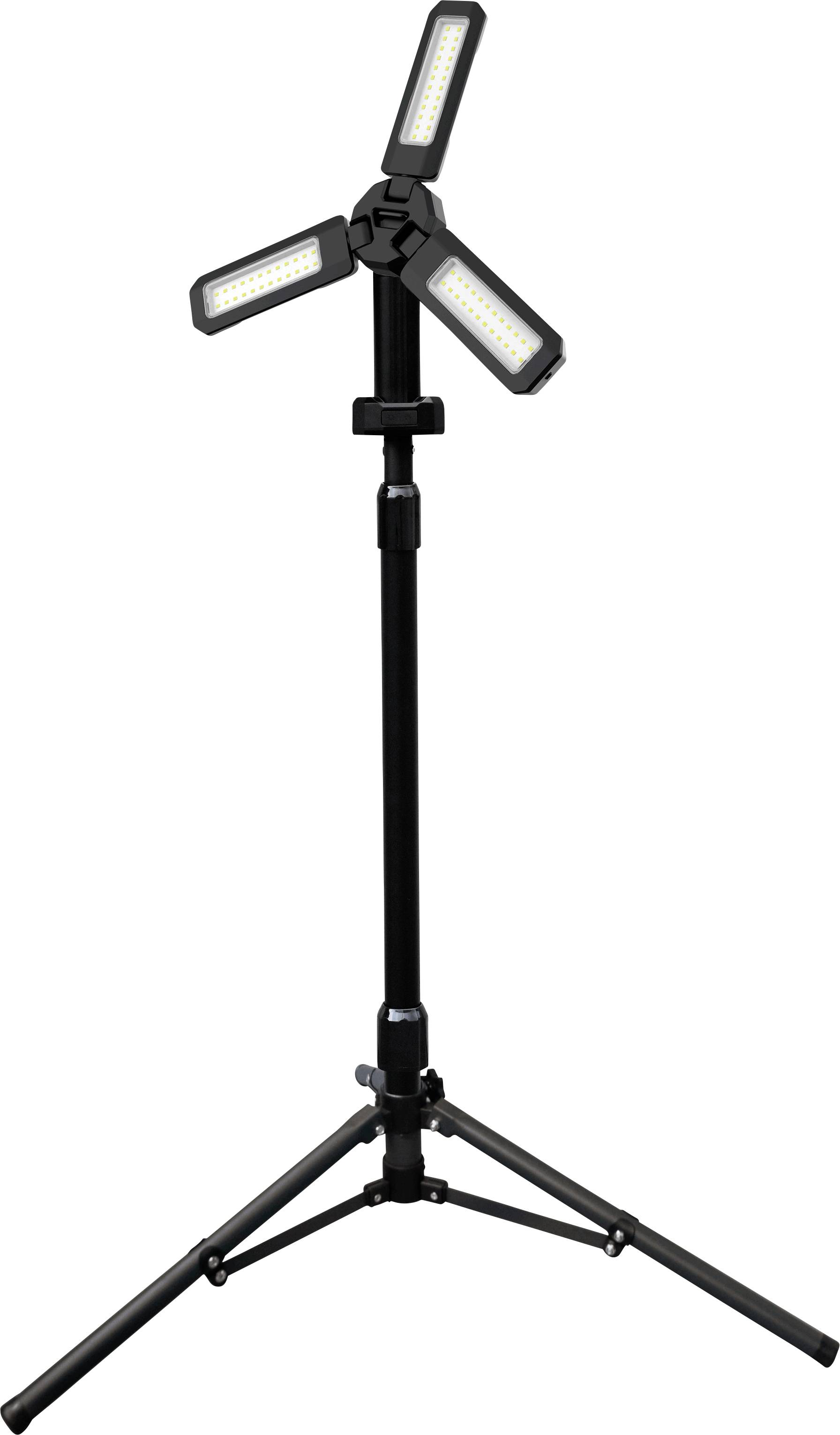Ein dreibeinständermontierbares LED-Arbeitsscheinwerfer mit drei verstellbaren, rechteckigen Lichtpanels, konzipiert für die Bereitstellung heller Beleuchtung auf Baustellen.