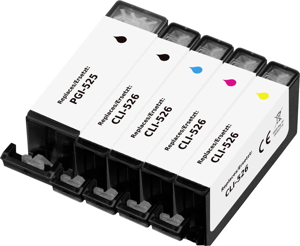 Fünf Tintenpatronen für einen Epson-Drucker, beschriftet mit PGI-525 und CLI-526 in Schwarz, Cyan, Magenta und Gelb.