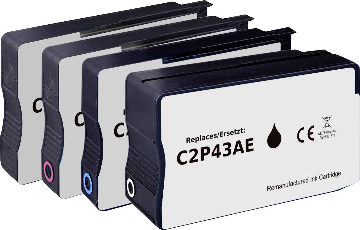 Vier wiederaufbereitete Tintenpatronen mit der Bezeichnung „Replaces/Ersetzt: C2P43AE