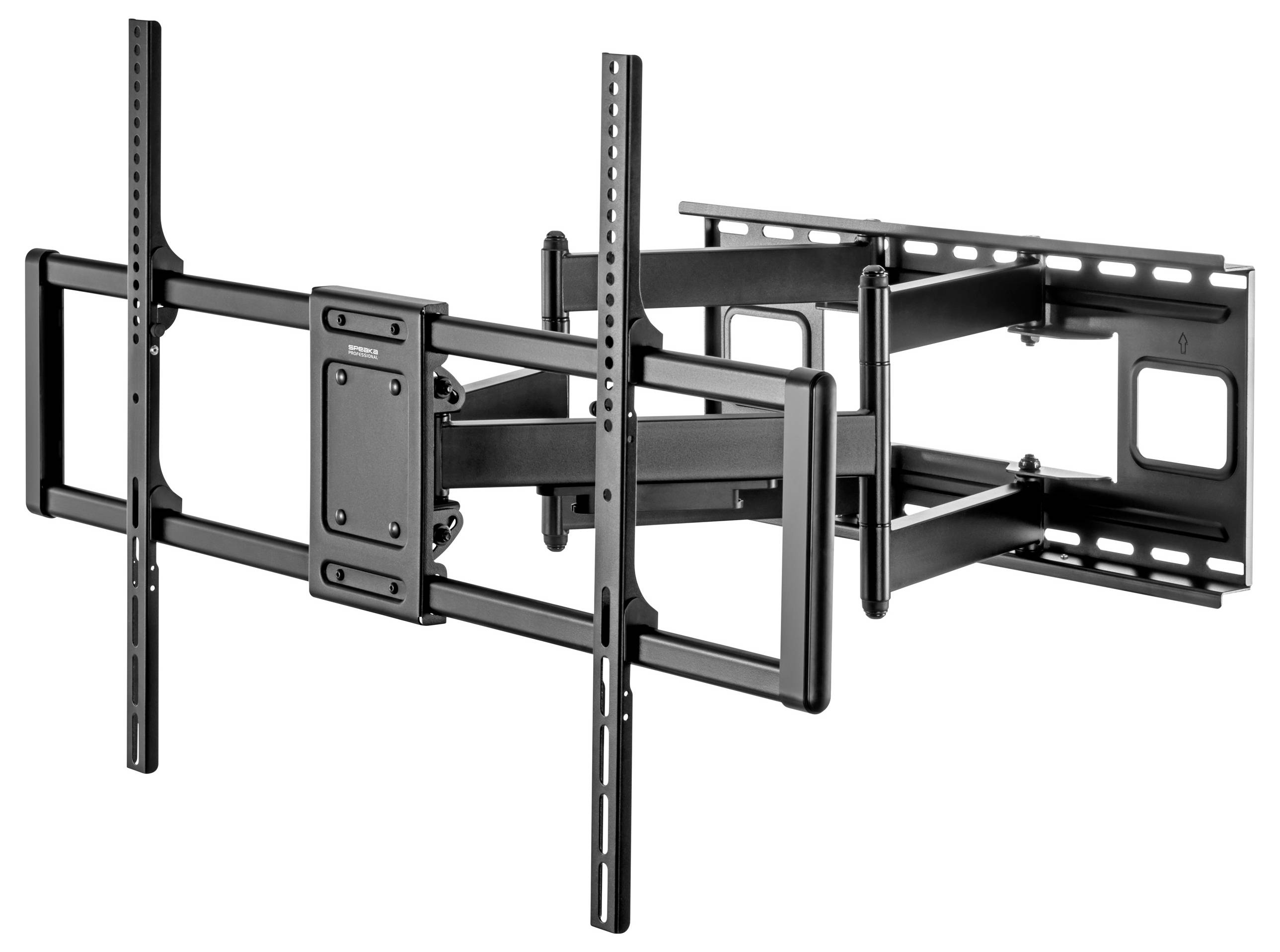 Eine schwarze, verstellbare Wandhalterung für Fernsehgeräte mit Schwenk- und Neigungs-Funktionen, entwickelt zum Halten von Flachbildfernsehern, gezeigt in Schrägansicht.