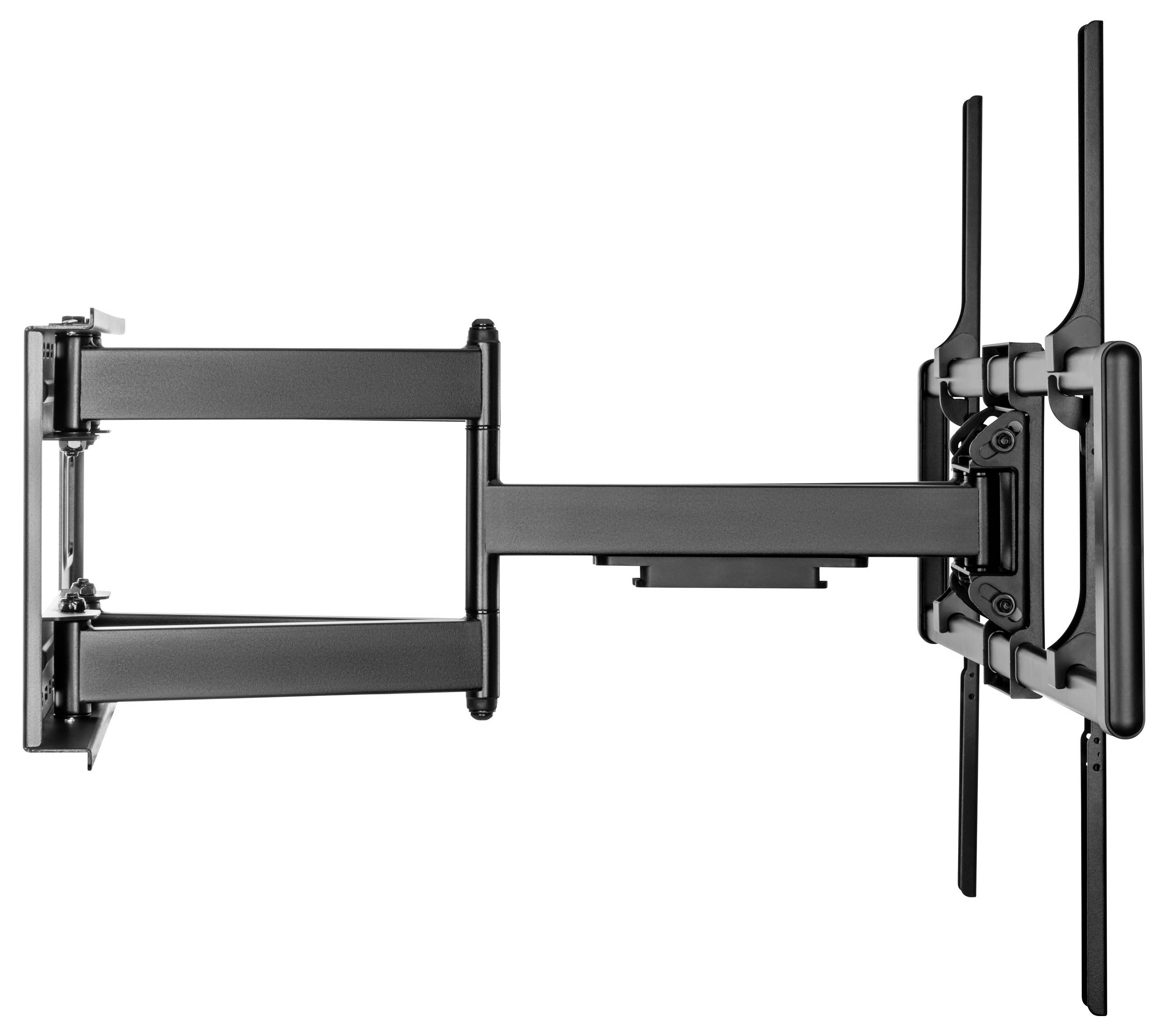 Eine schwarze Wandhalterung für Flachbildfernseher mit ausziehbarem Arm und Drehgelenken für verstellbare Betrachtungswinkel.
