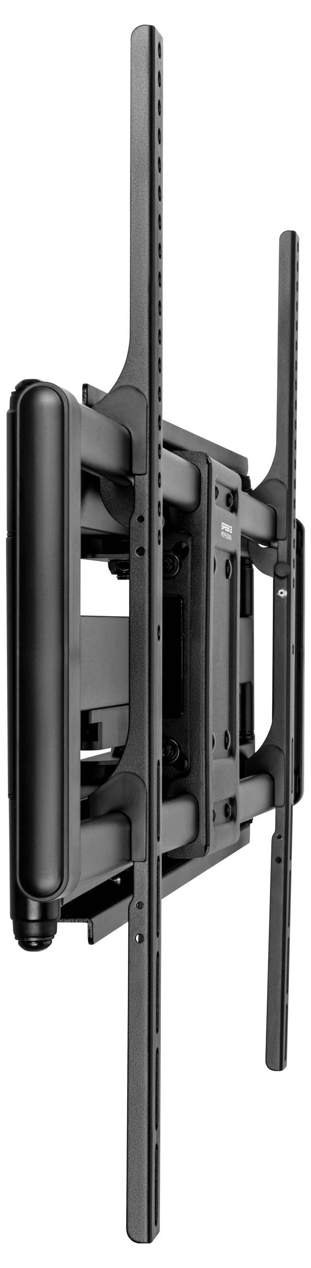 Wandmontagehalterung für einen Flach-TV oder Monitor, von einer Seitenansicht gezeigt, die die verstellbaren Arme und das robuste Gestell hervorhebt.