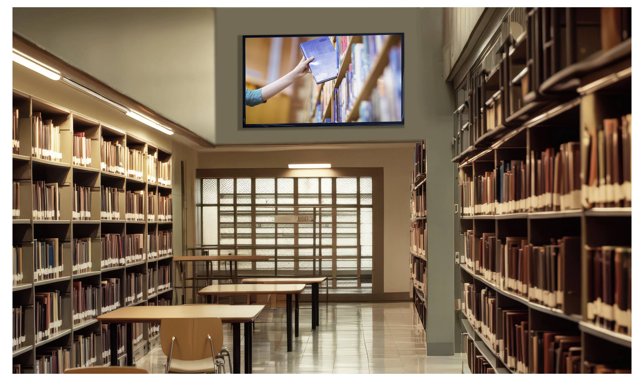 Eine ruhige Bibliothek mit Reihen von Bücherregalen und Lesetischen. Ein großer Bildschirm zeigt ein Bild einer Hand, die nach einem Buch greift.