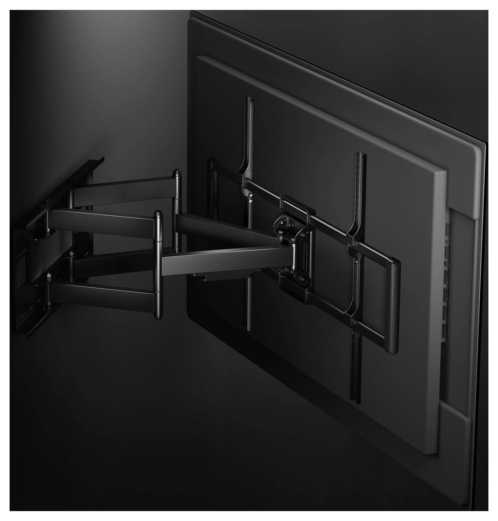 Eine wandmontierte Fernseh-Halterung mit ausziehbaren Armen, die eine vielseitige Positionierung eines Flachbildfernsehers und optimale Betrachtungswinkel ermöglicht.
