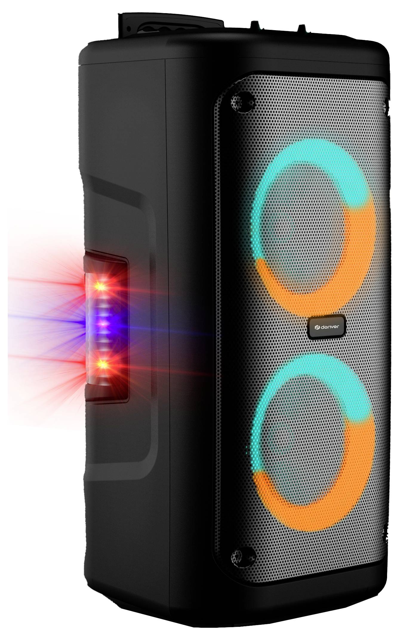 Ein schwarzer, rechteckiger Lautsprecher mit zwei großen, beleuchteten kreisförmigen Lichtern, die blaue und orangefarbene Farben ausstrahlen, und einem leuchtend roten Licht an der Seite.