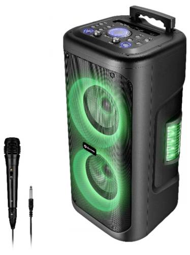 Tragbarer Lautsprecher mit schwarzem Gehäuse, grünen LED-Leuchten um zwei große Lautsprecher, Bedienfeld auf der Oberseite und einem schwarzen Kabel-Mikrofon.
