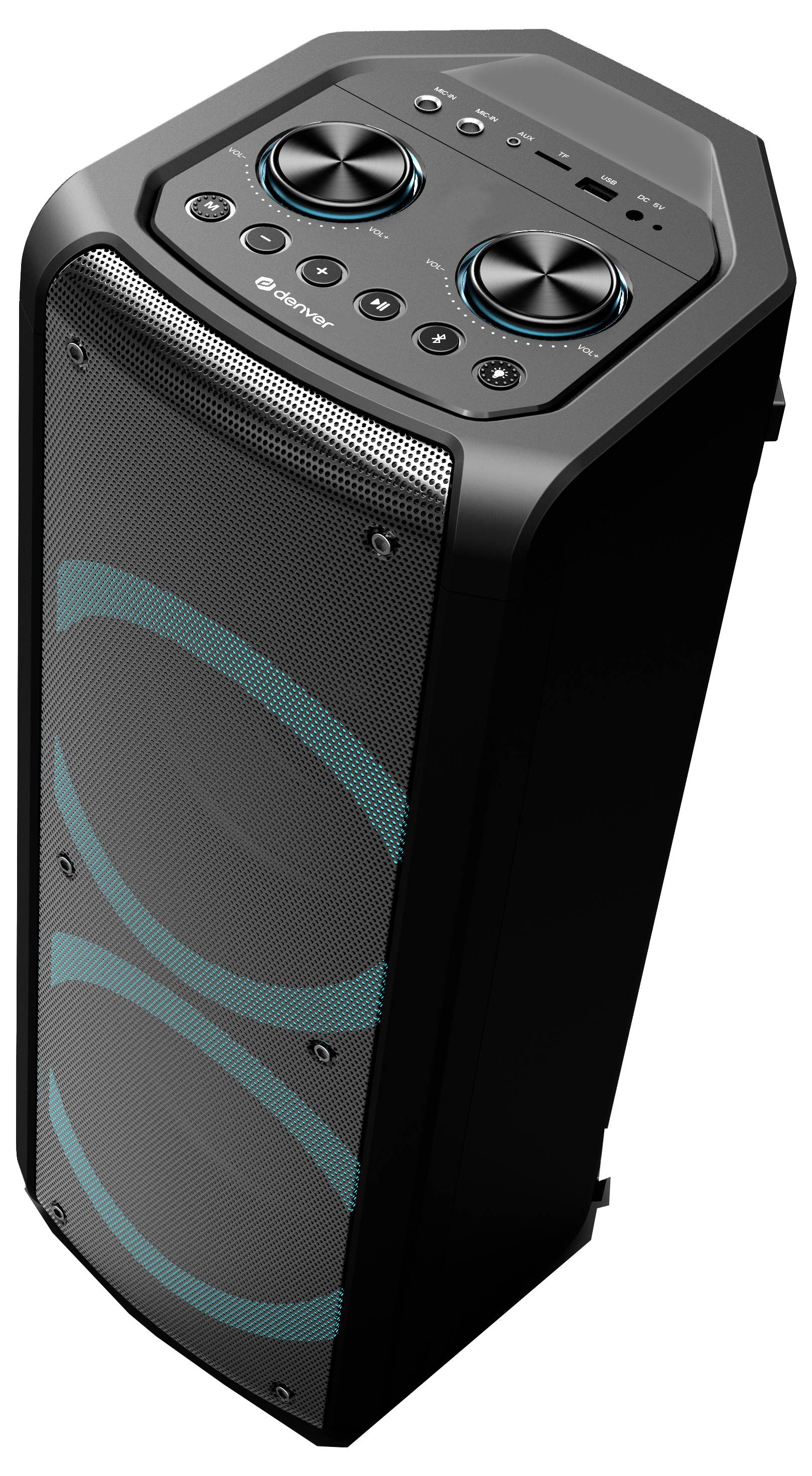 Hoher schwarzer Lautsprecher mit zwei großen kreisförmigen blauen Dekorativlichtern auf der Vorderseite und Bedienknöpfen auf dem Oberpanel zum Einstellen von Einstellungen.