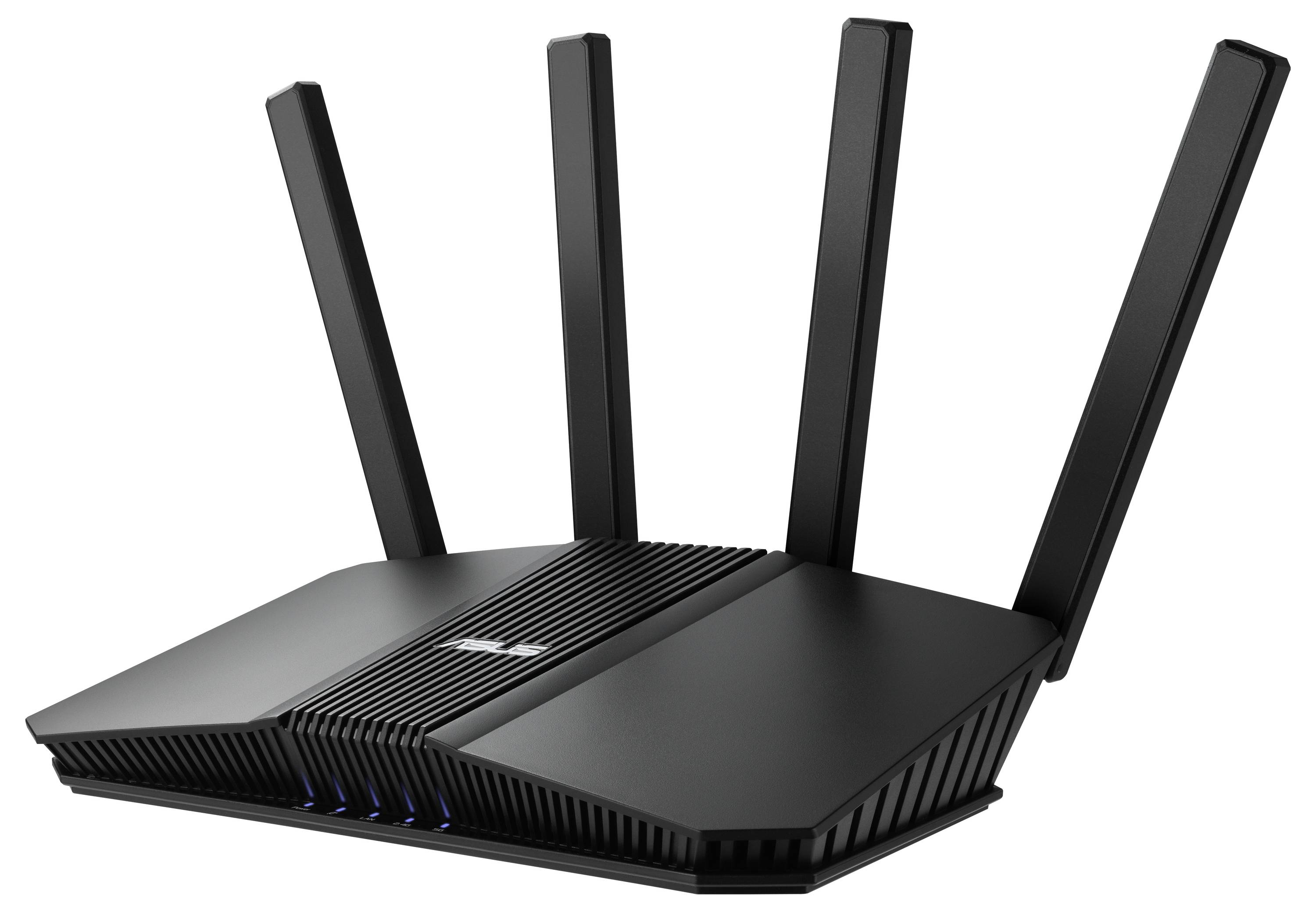 Schwarzer WLAN-Router mit vier externen Antennen, der eine fortschrittliche Signalabdeckung anzeigt und für Heimnetzwerke oder Büroumgebungen geeignet ist.