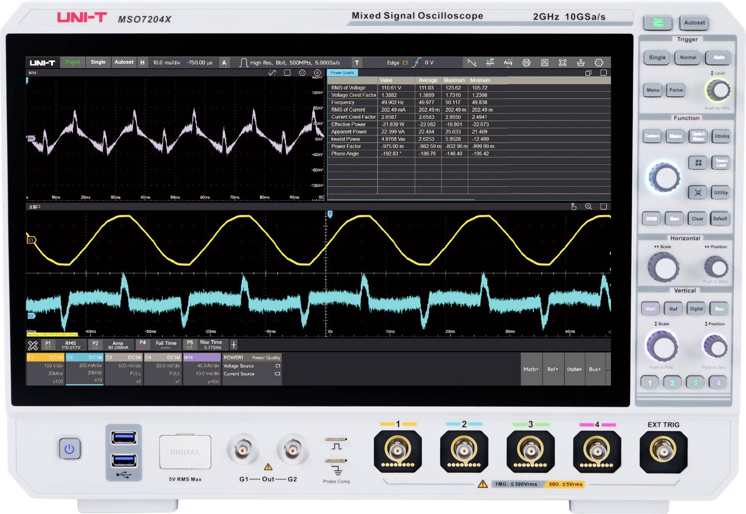 UNI-T MS07204X Mixed-Signal-Oszilloskop-Display mit mehreren Wellenformsignalen, Frequenzdaten und verschiedenen Steuerungstasten auf der rechten Seite.