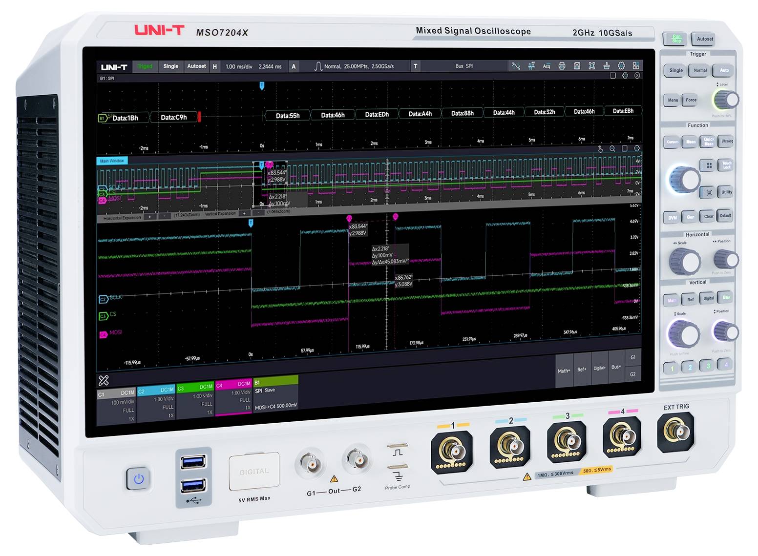 Das Bild zeigt einen UNI-T MSO7204X Mixed-Signal-Oszilloskop, der Wellenformdaten auf seinem Bildschirm anzeigt, mit mehreren Bedienungstasten an der Seite.