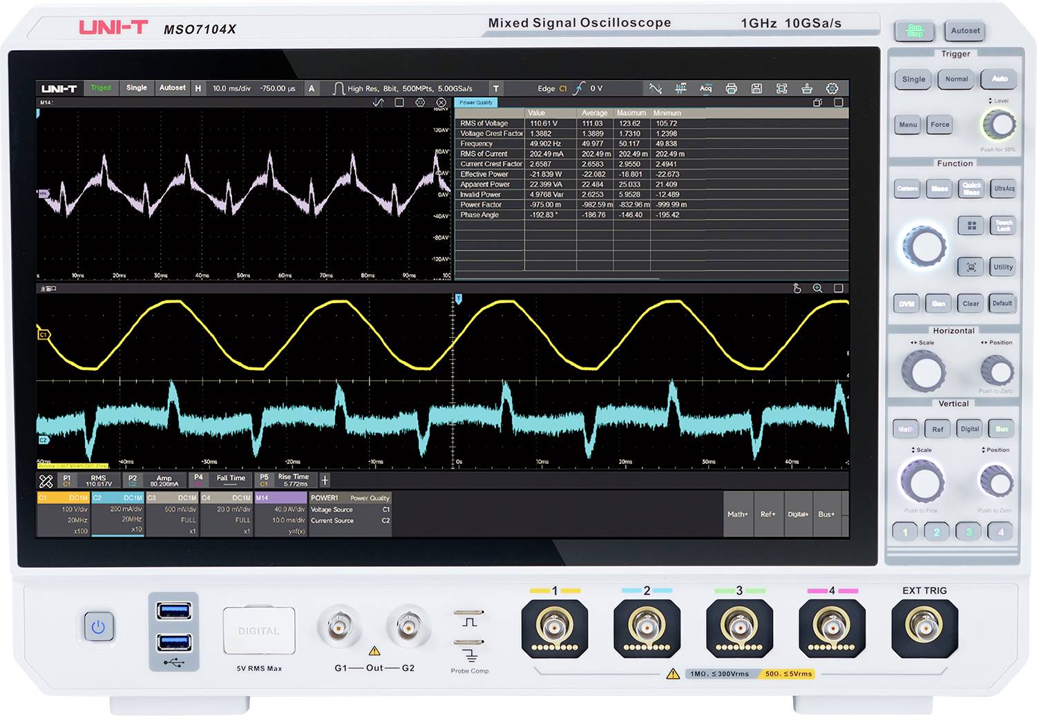 Gemischtes Signaloszilloskop-Display mit mehreren Wellenformgrafiken, bei denen die Zeit auf der x-Achse und die Amplitude auf der y-Achse für die Signalanalyse dargestellt werden.