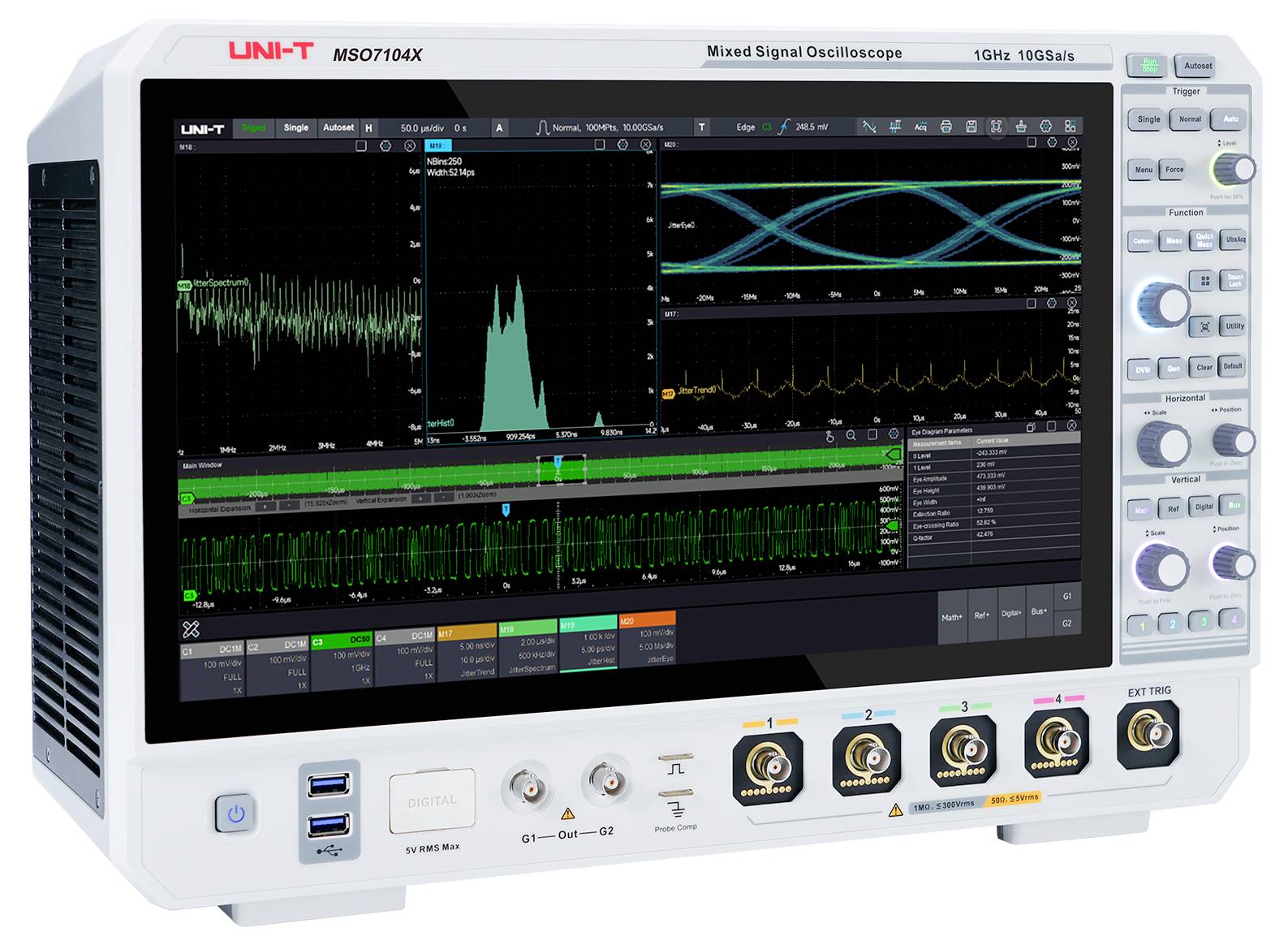 Gemischtes Signaloszilloskop mit mehreren Wellenformdarstellungen auf dem Bildschirm, Tasten und Anschlüssen auf der Frontplatte.