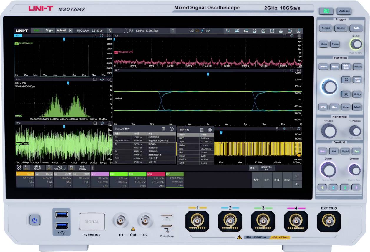 Ein digitales Oszilloskop, das mehrere Wellenformsignale anzeigt. Der Bildschirm zeigt Graphen der Spannung über Zeit in verschiedenen Farben, mit Steuerungstasten an der Seite.