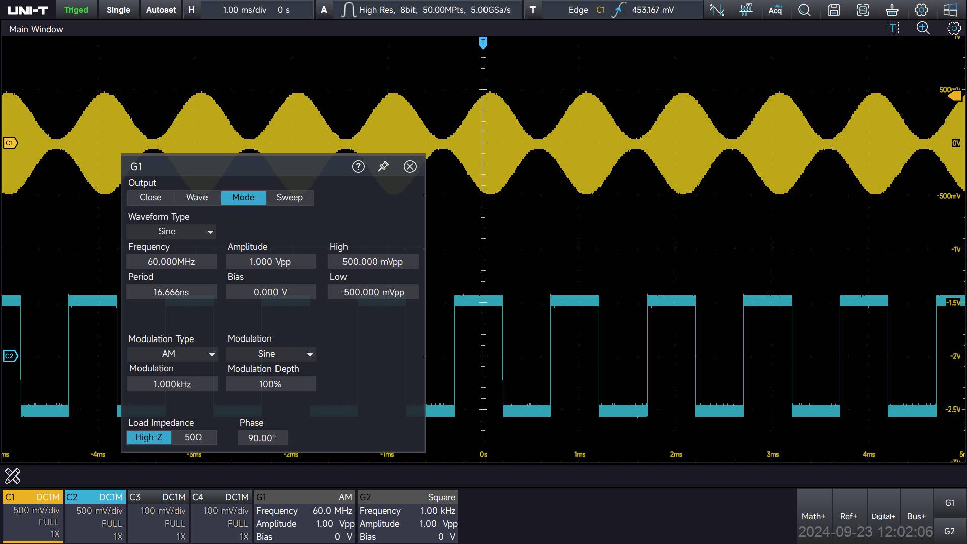 Ein digitales Oszilloskop-Display zeigt zwei Wellenformen. Die obere Wellenform ist eine gelbe Sinuswelle, und die untere ist eine blaue Rechteckwelle. Ein Einstellungsfenster zeigt Frequenz- und Amplitudendetails.