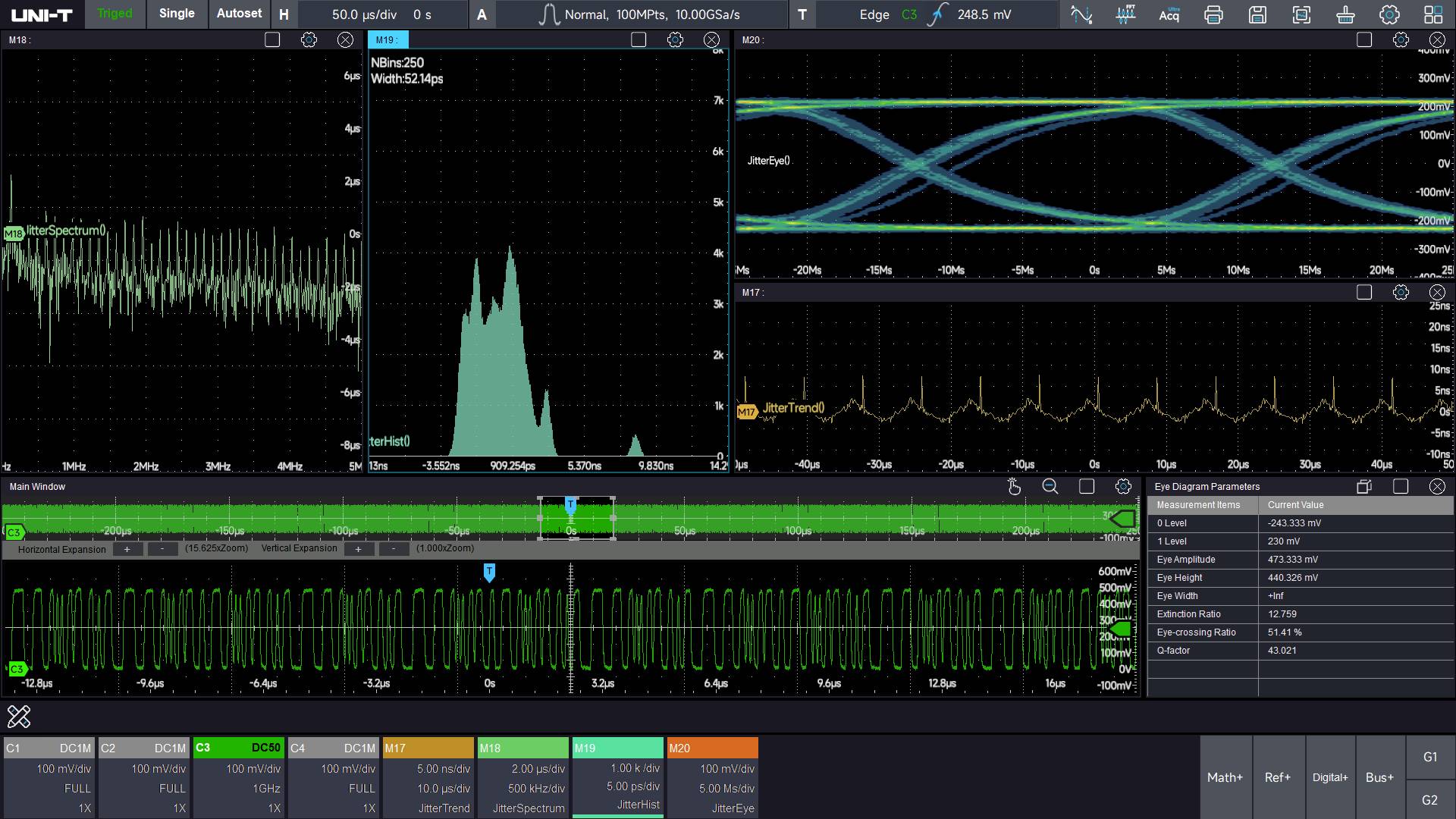 Oszilloskop-Anzeige mit mehreren Wellenformen. Beinhaltet Messungen wie Spannung, Frequenz und Zeit mit detaillierten Gitternetzüberlagerungen.
