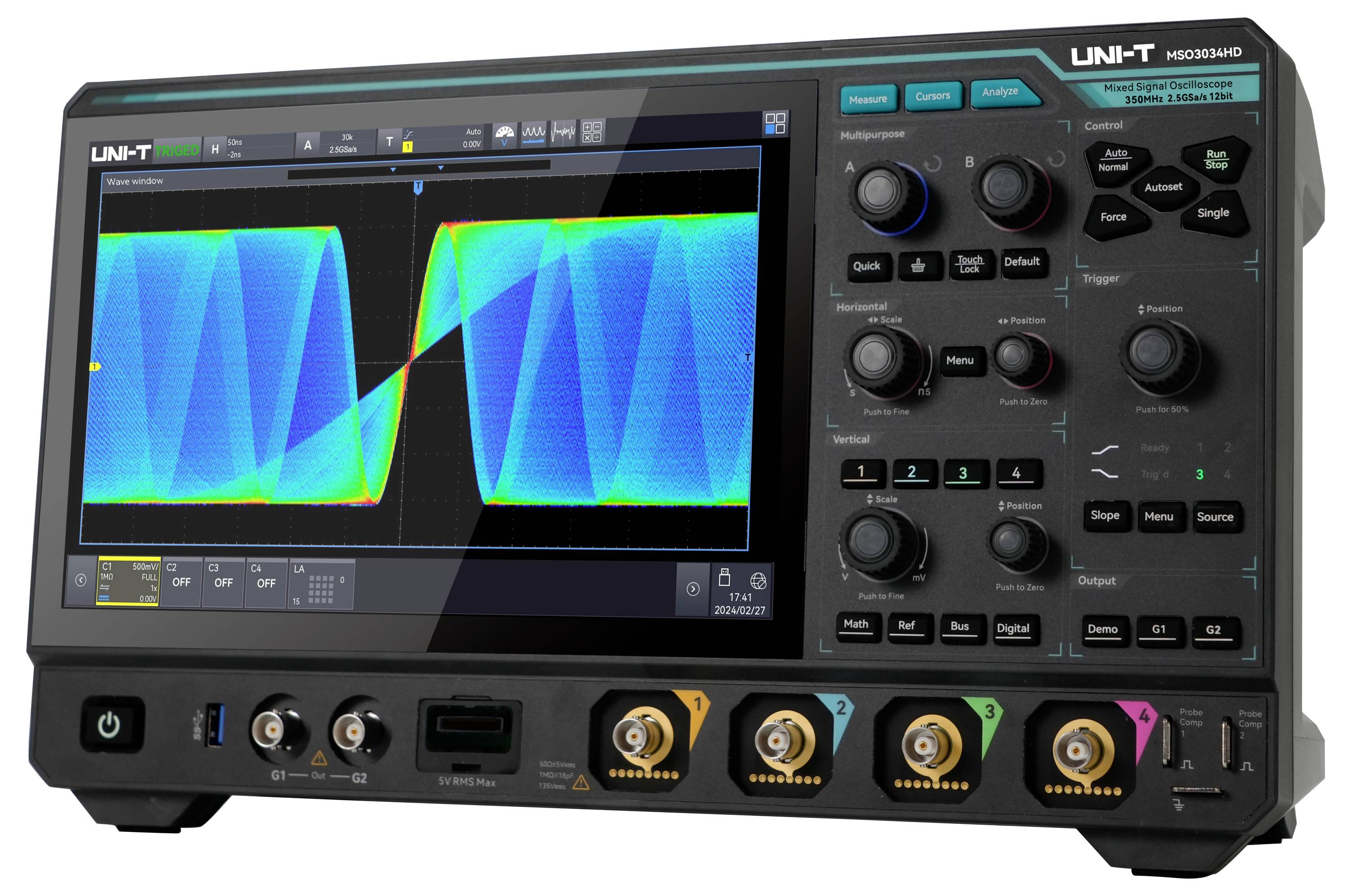 Ein digitales Oszilloskop mit einer farbenfrohen Wellenformanzeige, Bedienknöpfen, Tasten und mehreren Eingabeverbindungen auf dem Frontpanel.